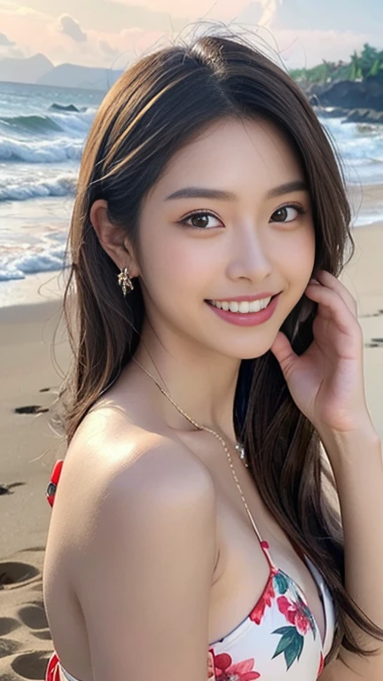 A very cute face like an idol、Looks like a young face、20-year-old female、Gentle and cute、A kind smile、Cleavage、one piece、Beautiful sunset on the beach、A toast with beer、whole body、RAW Photos、Genuine、Artistic、Real Stick、High resolution、Genuine Life、No copyright notice