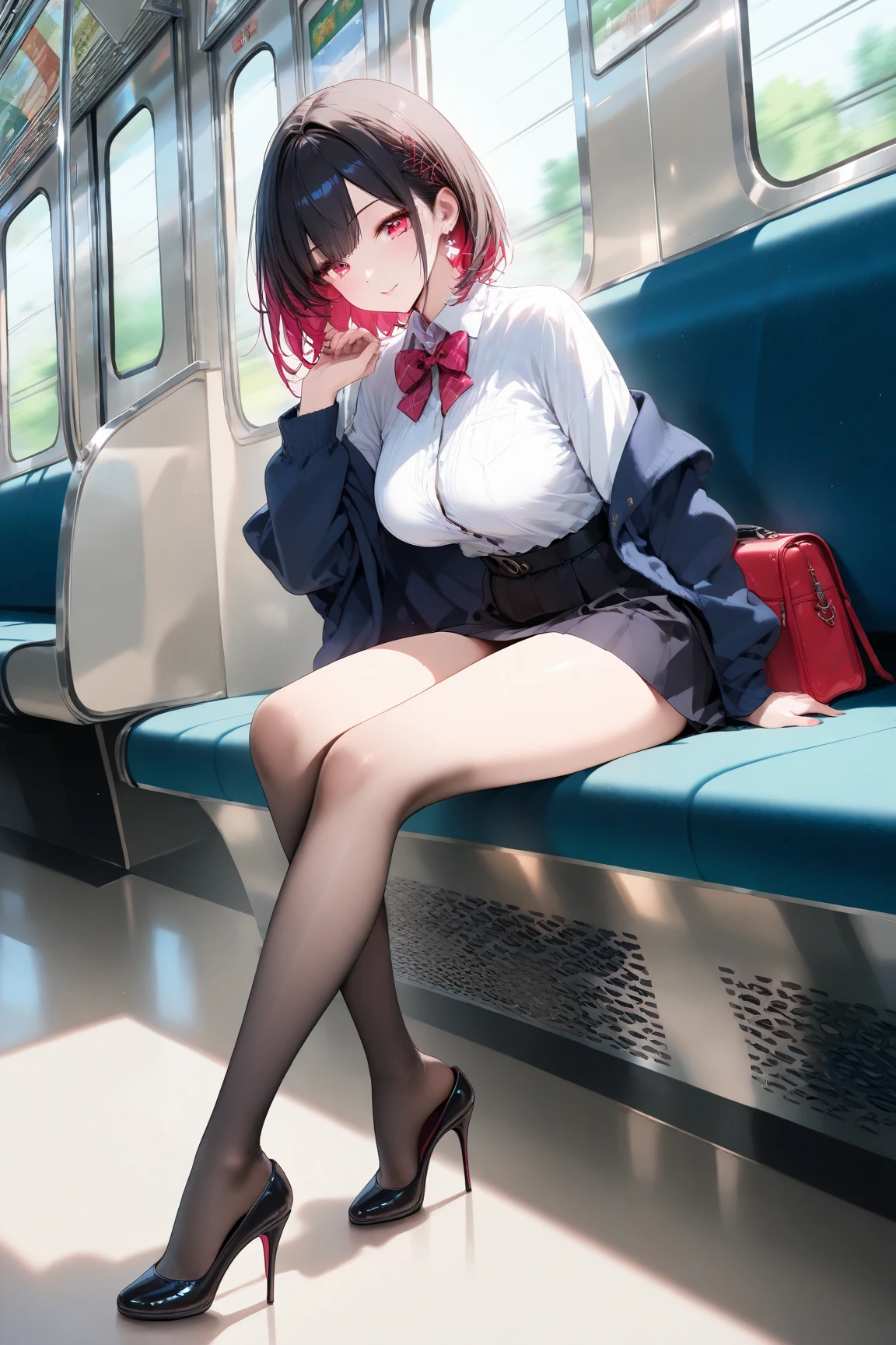high resolution、4K、Masterpiece、1 big breasted girls、Bare your breasts、Exposing the breasts、Station platform、train、Standing on Home、Micro Mini Skirt、No panties、Pussy、Nipples、blush、Black Pantyhose、Absolute area、Masturbation、Love juice、Full body portrait、tough、vibrator、Love juice、panties pull、Black Loafers