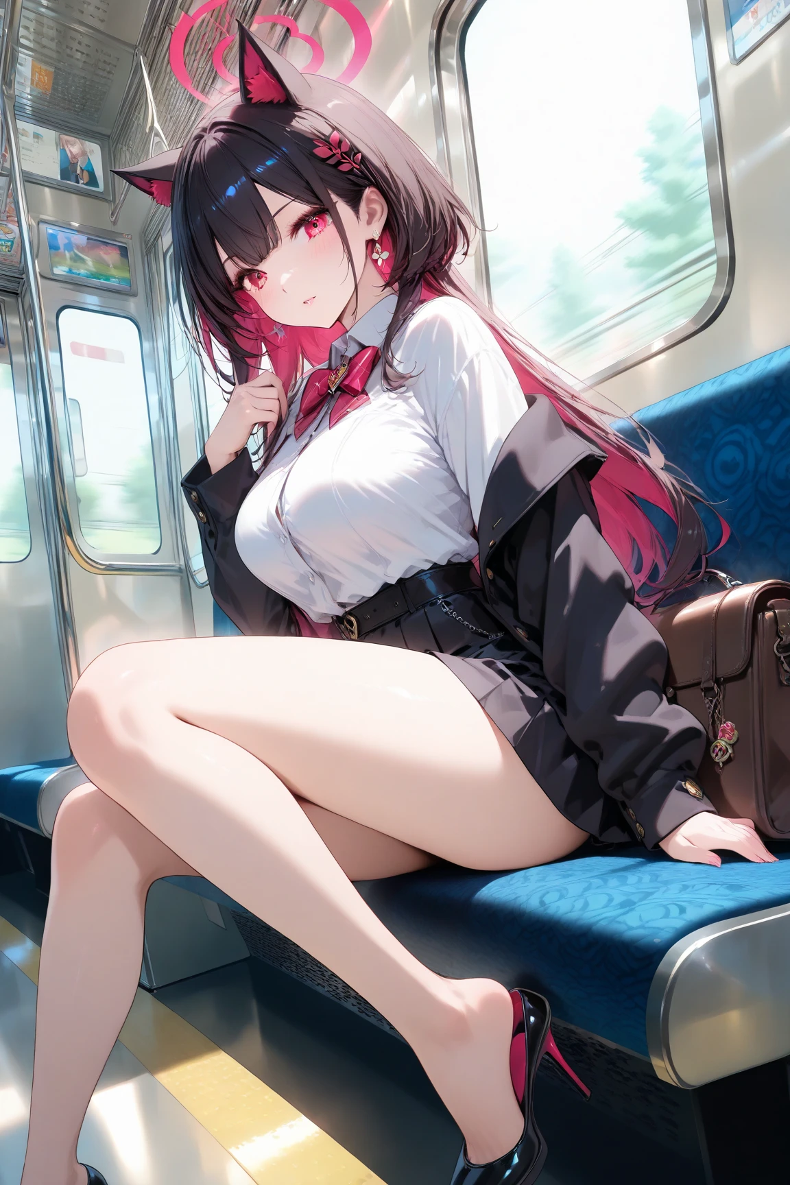 yukimi, 10., long hair, dull bangs, flat chest, No expression, shy, whole body, highest quality, (randoseru red backpack:1.4), in a crowded train、In a train seat、There are a lot of guys around、In underwear、angle from below、kneel down、(small area white panties:1.4)、(masturbation:1.4)、(put your hand inside your pants:1.4)、Striped pattern、embarrassing、Transparent、