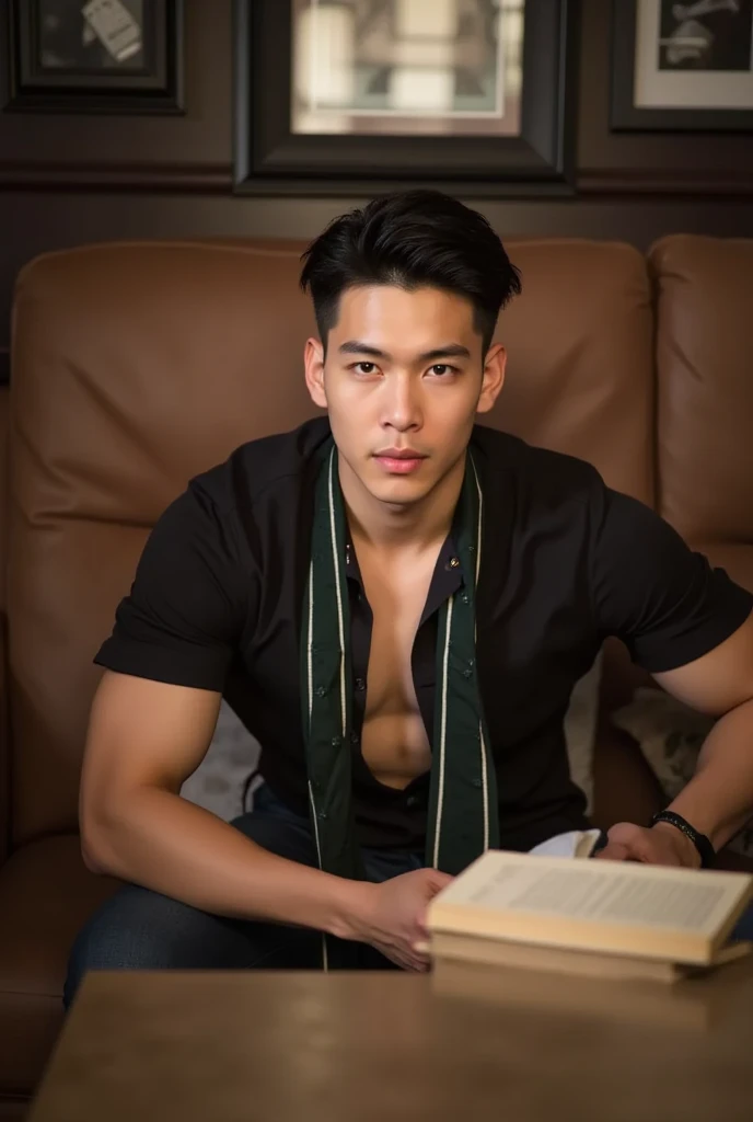 best quality, masterpiece, extremely detailed, masculine, sexy, homoerotic, 25 year old filipino man, wearing glasses, round face with chubby cheeks, muscular build, very cheeky smile, fitted clothes, glowing quartz crystal pendant, bends forward and leaning elbows on a table, round bubble butt, in library, side view, afterhours, lights off, at midnight, cinematic shadows, dreamy atmosphere, perfect face, perfect hands, perfection