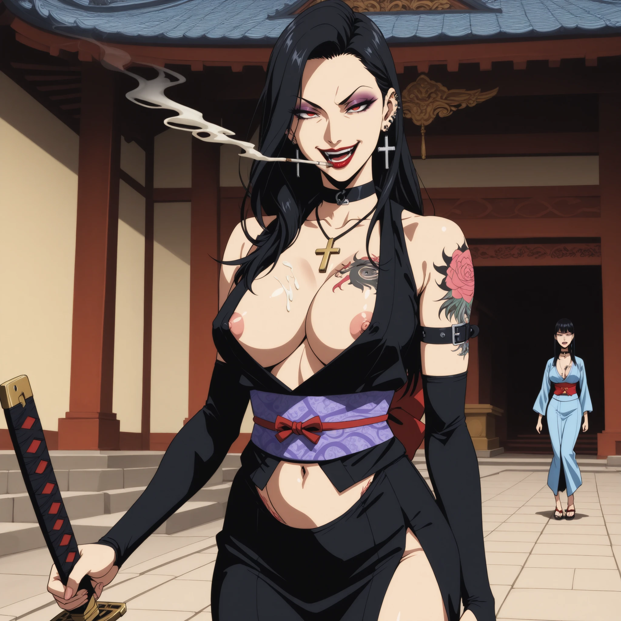 akeginu, masterpiece,best quality, highres,absurdres, intricate details,highly detailed skin, 1girl, solo, black hair, black makeup, lipstick, red kimono, long hair, hair over one eye, large breasts, red lips, (movie composition), amazing composition, depth of field, indirect lighting, ambient lighting, , (dynamic colors), (sexy expression), evil grin,, masterpiece, best quality, highly detailed, a anime girls in long dress with navel cutout posing for a picture, evil smile, smile, open mouth, (nsfw) not safe for work, revealing dress, beautiful dress center opening , long dress with bellybutton showing, ecchi anime style, anime girls, ecchi style, ecchi, digital anime art!!, in anime style, official artwork, visual novel cg, beautiful anime girl, anime style 4 k, exposed navel, exposed bellybutton