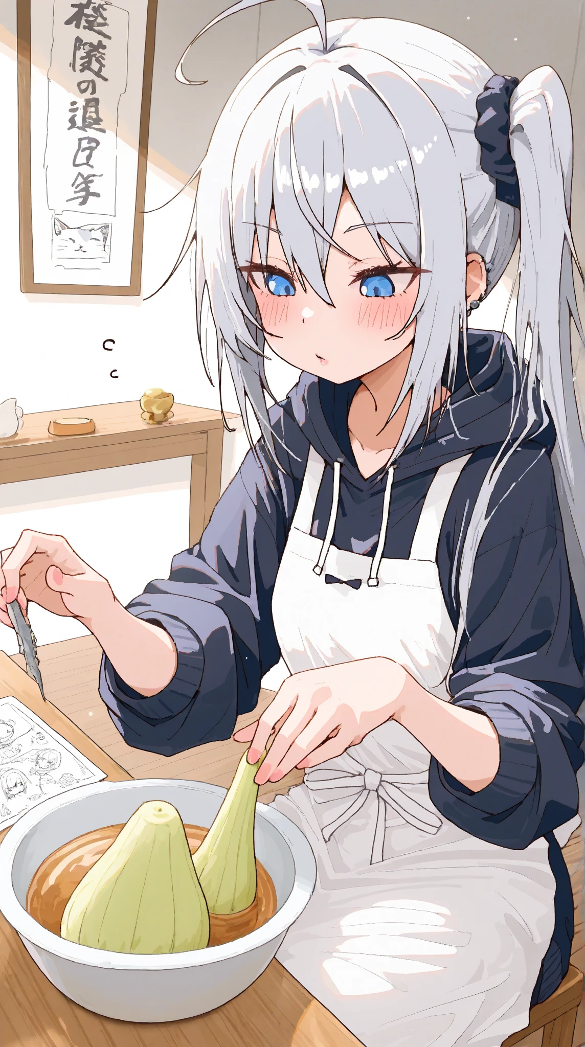 masterpiece, best quality, 1boy, <lora:spblendsKanzakiHideri-10:1> hideridef, otoko no ko, hair bow, black hairband, dress, short sleeves, frills, waist apron, frilled apron, skirt, white gloves, white thighhighs, close-up, flower, from side, painting (medium), portrait, signature, simple background, traditional media, watercolor (medium), white background, white flower, blush, feeding, hand on table, holding, holding spoon, looking at viewer, open mouth, solo