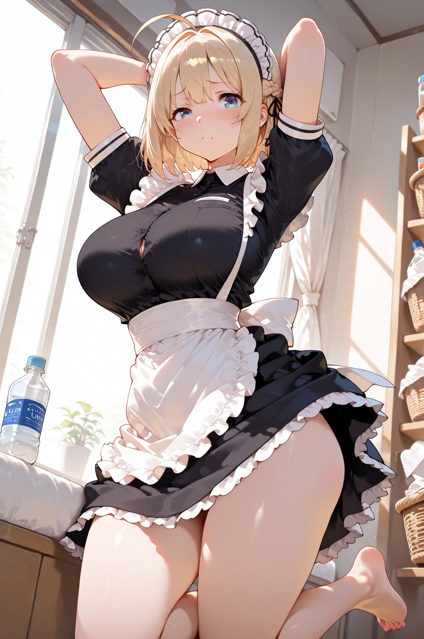 (highest quality, High resolution, perfect pixel, Depth of bounds written, 4K), detailed eyes, (from below), (1 girl), perfect body, blond hair, (side ponytail), white t-shirt, (v-neck), (black suspender skirt), necklace, (kneehighs), (standing), (hand on chin:1.2), (skirt lift), side tie panties, (looking up), blush, embarrassed,