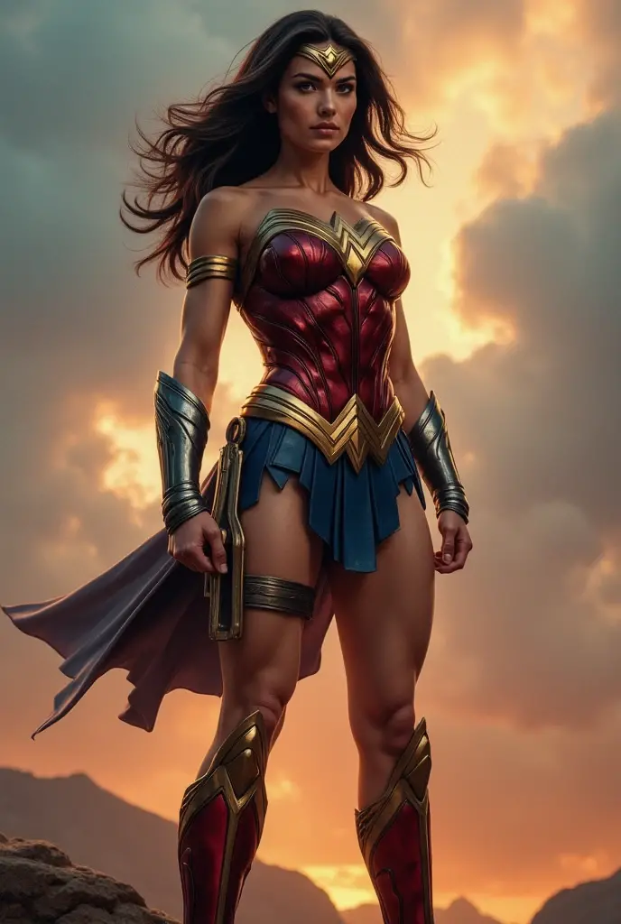 PhotoRealistic Art Style Best Qualit:1.3, Natural Beauty, Masterpiece, Full Body View Visible, Hailee Steinfeld, Perfectly Accurate Face Proportion,Realistic Light Hazel Brown Eyes, Thick Eyebrows, Brown hair, slim toned Thighs, tight ass, perky round breast , slim athletic body type, perfect body type, wonder woman, Poised for Action: In a slightly bent-knee stance, the tight suit accentuates Wonder Woman's buttocks and the curve of her lower back. Her readiness for action is highlighted by the form-fitting fabric clinging to her powerful frame.