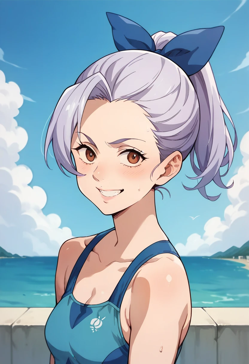 High level image quality best image quality 8K adult woman beach sunset palm trees more colors whole body view portrait blue bikini horn ears short hair((shortcut)(gray hair)(perm)(fluffy)) eye color is blue , pink sunglasses , attractive evil face , smile , sexy pose , labrynth , barearm , wearing pink shirt , crossed leg style in detailed , view from side