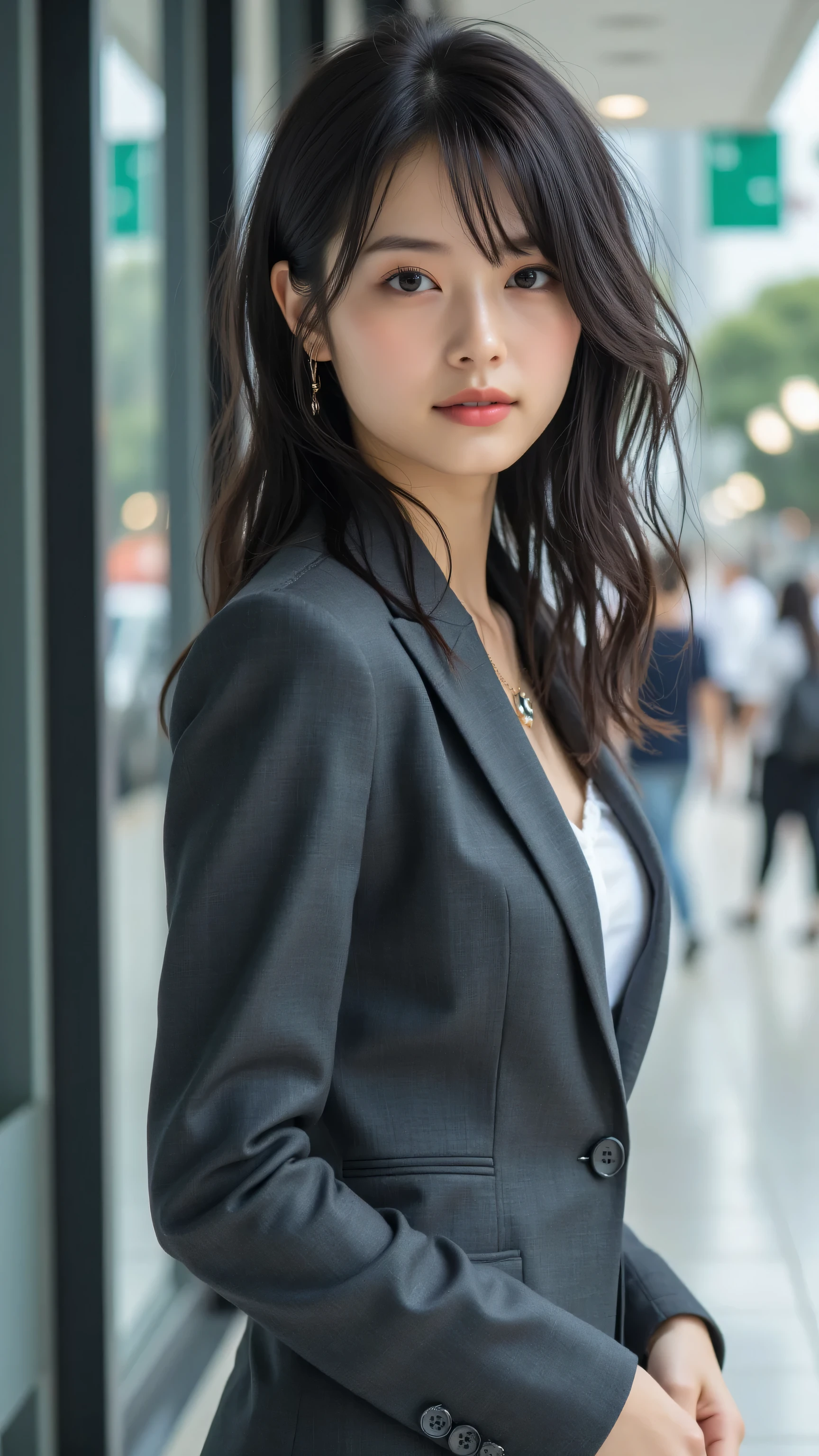 A 30-year-old stylish office lady with a modern, medium-length tousled lob with soft, loose waves and a side part, standing with grace in a modern office lobby. Her black eyes are hyper-detailed, with intricate iris patterns and reflective highlights, and her skin is flawless with ultra-realistic texture. She wears a charcoal fitted suit, a white long-sleeve blouse, a mini skirt, and high heels, accessorized with delicate earrings, a minimalist necklace, and a visible name tag. The composition is a full-body cowboy shot from a side profile, her gaze intentional and slightly upward, radiating confidence. Studio lighting casts soft, flattering light across her hair and outfit, with a subtle motion blur to convey graceful presence. The office lobby background features modern glass architecture and clean lines, ensuring her body proportions are natural and undistorted in her standing pose.
