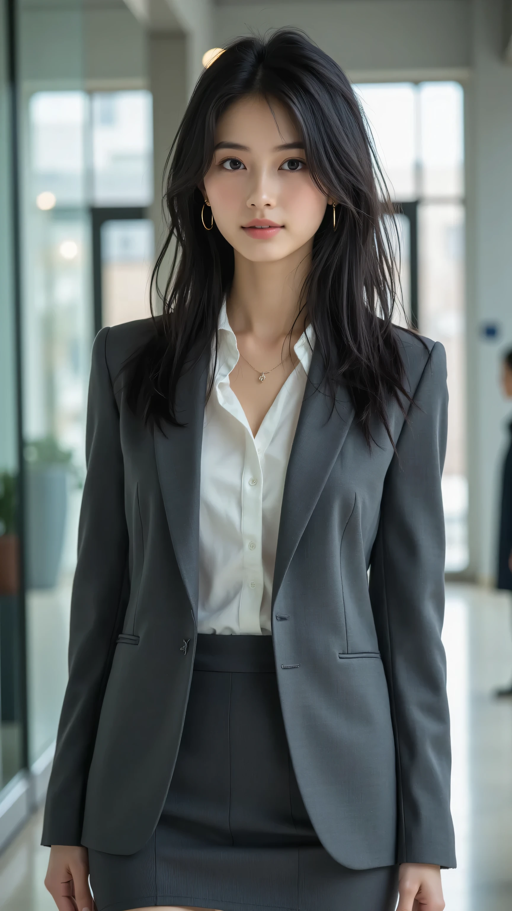 A 30-year-old stylish office lady with a modern, medium-length tousled lob with soft, loose waves and a side part, standing with grace in a modern office lobby. Her black eyes are hyper-detailed, with intricate iris patterns and reflective highlights, and her skin is flawless with ultra-realistic texture. She wears a charcoal fitted suit, a white long-sleeve blouse, a mini skirt, and high heels, accessorized with delicate earrings, a minimalist necklace, and a visible name tag. The composition is a full-body cowboy shot from a side profile, her gaze intentional and slightly upward, radiating confidence. Studio lighting casts soft, flattering light across her hair and outfit, with a subtle motion blur to convey graceful presence. The office lobby background features modern glass architecture and clean lines, ensuring her body proportions are natural and undistorted in her standing pose.