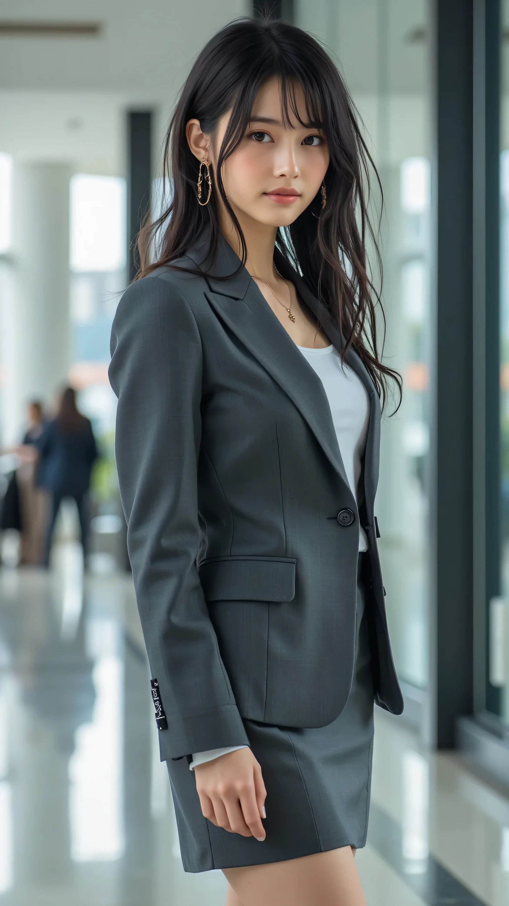 A 30-year-old stylish office lady with a modern, medium-length tousled lob with soft, loose waves and a side part, standing with grace in a modern office lobby. Her black eyes are hyper-detailed, with intricate iris patterns and reflective highlights, and her skin is flawless with ultra-realistic texture. She wears a charcoal fitted suit, a white long-sleeve blouse, a mini skirt, and high heels, accessorized with delicate earrings, a minimalist necklace, and a visible name tag. The composition is a full-body cowboy shot from a side profile, her gaze intentional and slightly upward, radiating confidence. Studio lighting casts soft, flattering light across her hair and outfit, with a subtle motion blur to convey graceful presence. The office lobby background features modern glass architecture and clean lines, ensuring her body proportions are natural and undistorted in her standing pose.