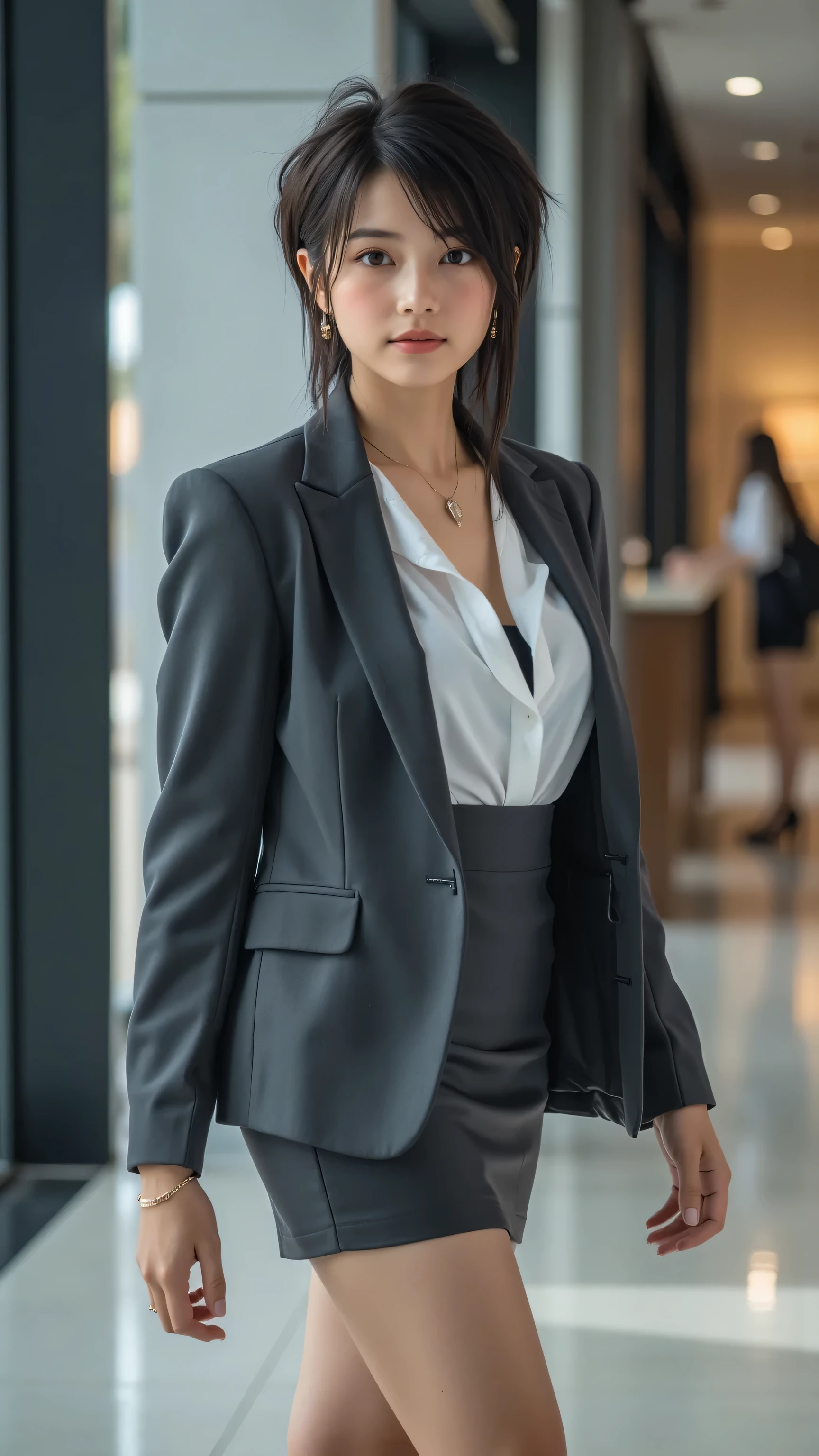A poised 30-year-old office professional with a stylish, short textured crop haircut, styled with a tousled finish, standing confidently in a modern office lobby. Her black eyes are ultra-detailed, with vivid reflections and intricate details, and her skin is smooth with hyper-realistic texture. She wears a charcoal tight suit, a white long-sleeve blouse, a mini skirt, and high heels, adorned with elegant earrings, a subtle necklace, and a professional name tag. The shot is a full-body cowboy angle from a side profile, with her gaze directed forward, exuding determination. Studio lighting creates soft highlights on her hair, face, and suit, with a slight motion blur to enhance elegance. The modern office lobby background includes glass walls, a sleek reception desk, and warm ambient light, with careful attention to maintaining her natural body proportions in her standing pose.