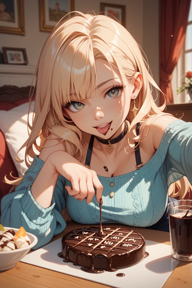 top-quality、Top image quality、​masterpiece、teens girl((Black underwear、Black hoodie with open chest、Black skirt、18year old、 Ager、Best Bust、big bast,Beautiful light blue eyes, Long Blonde Hair、A slender,Large valleys、Reflecting the whole body、Heart symbol with both hands、Joy Pose、Laugh、The best smile)),hiquality、Beautiful Art、Background with((party decoration night,a room、Parti、The table、wining、chocolate cake))​masterpiece、depth of fields,Texto((100 followers))