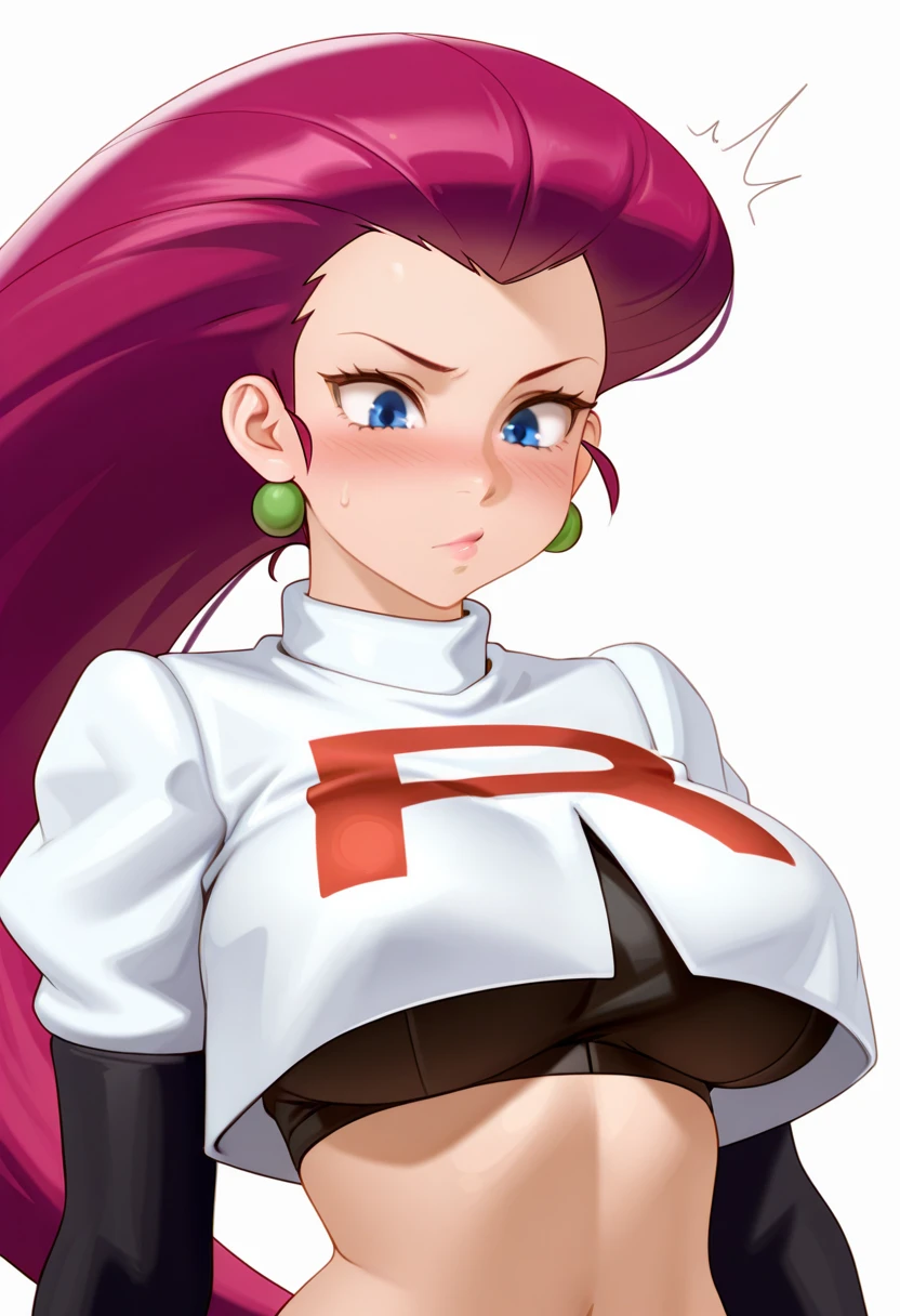 jessie pokemon, solo, team rocket, gloves, hair slicked back, long hair, jewelry, skirt, navel, thighhighs, earrings, elbow gloves, team rocket uniform, crop top, blue eyes, midriff, belt, black gloves, very long hair, smile, black thighhighs, purple hair, looking at viewer, breasts, white skirt, miniskirt<lora:JesseRocket:1.0> <lyco:ManyakisStyle-step00001800:1.1>