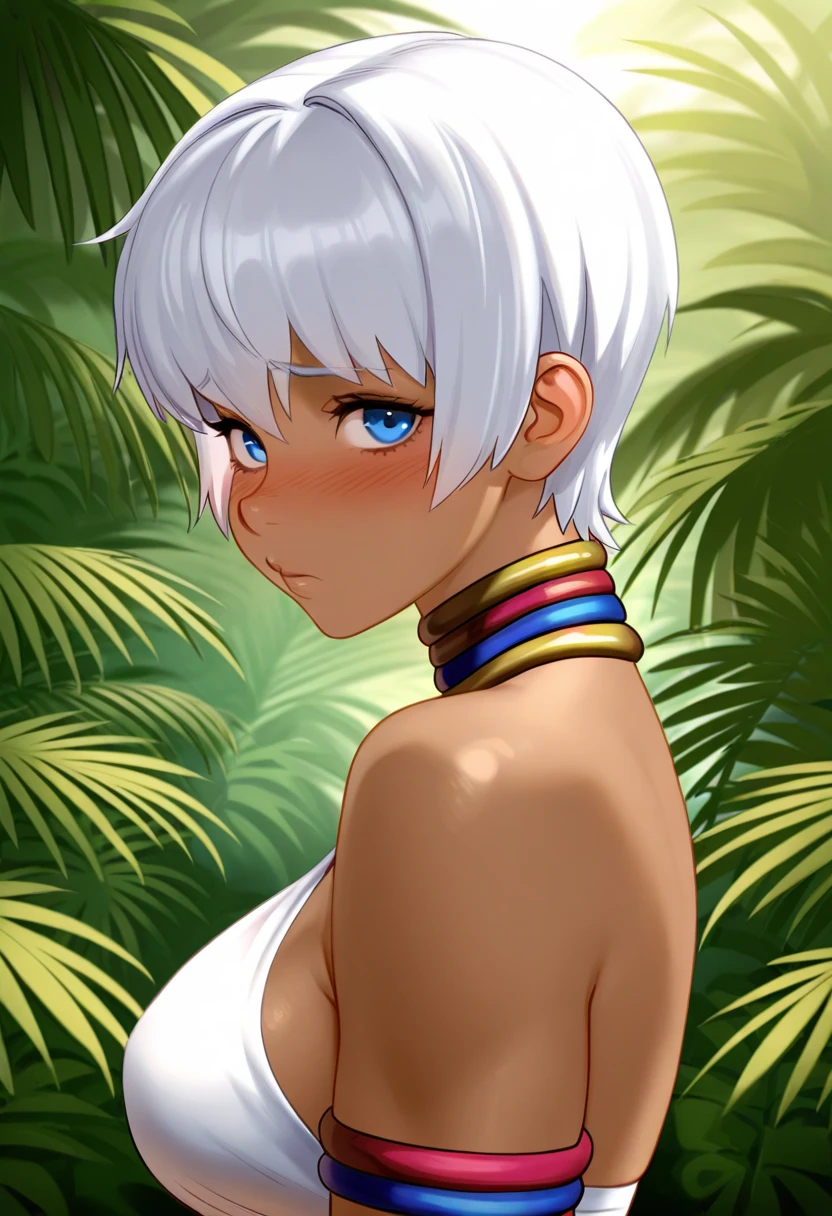 (highest quality:1.2, Very detailed, up to date, Vibrant, Ultra-high resolution, High Contrast, masterpiece:1.2, highest quality, Best aesthetics), Portraiture、girl、singer、Bright colors、Beautiful fine details、Beautiful lip detail、medium wave hair、red and white ((streaked hair:1.6)), highlights hair: 1.5, red eyes, slim body, medium breast, (tan skin:1.1), white micro-bikini, (Floral Fineline tattoo design on left arm:0.8), relaxed look, Resolute expression, Hot springs in the deep forest, sitting in a hot spring, Silence spreads around her、lots of trees swaying in the wind, Hot spring water gushes softly on the surface of the water., looking ahead, side view