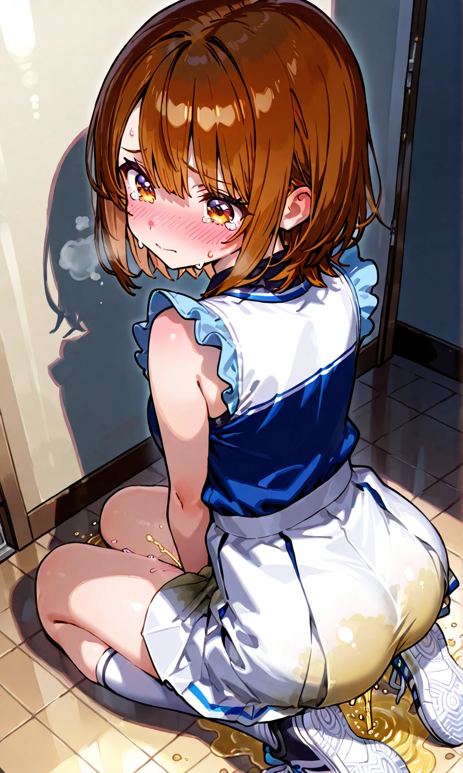 Brat, ((masterpiece)), High resolution, 10 years old、girl、 Brown Hair、Short Bob、((smile、Grin))、Embarrassed face、Sweating all over the body、Twin tail hair、Bright Blue Eyes、smile、((Grin))、Earrings、((bra lift:1.5、Small nipples))、((Creampie sex with a man))、((Showing pussy))、Cowboy Shooting((In a private toilet))、((National Science Foundation))Liquid in the ass、Water retention in the thighs、Flowing liquid(Attractive ass:1.7),、Expose、Disarray、((Inserting a huge penis into a pussy)),Exposeした乳首、(((huge penis of men))),(((Sticking your butt out to the viewer、look back))),(Body Model),((Body Outline)),(stride),Grin、blush、activity performance,Cum in pussy、saliva,((showing big ass)), ((grabbing own ass:1.5))、Spread your ass、Five perfect fingers、((Cum in pussy、 into uterus、lump of semen))、semen dripping from pussy:1.3