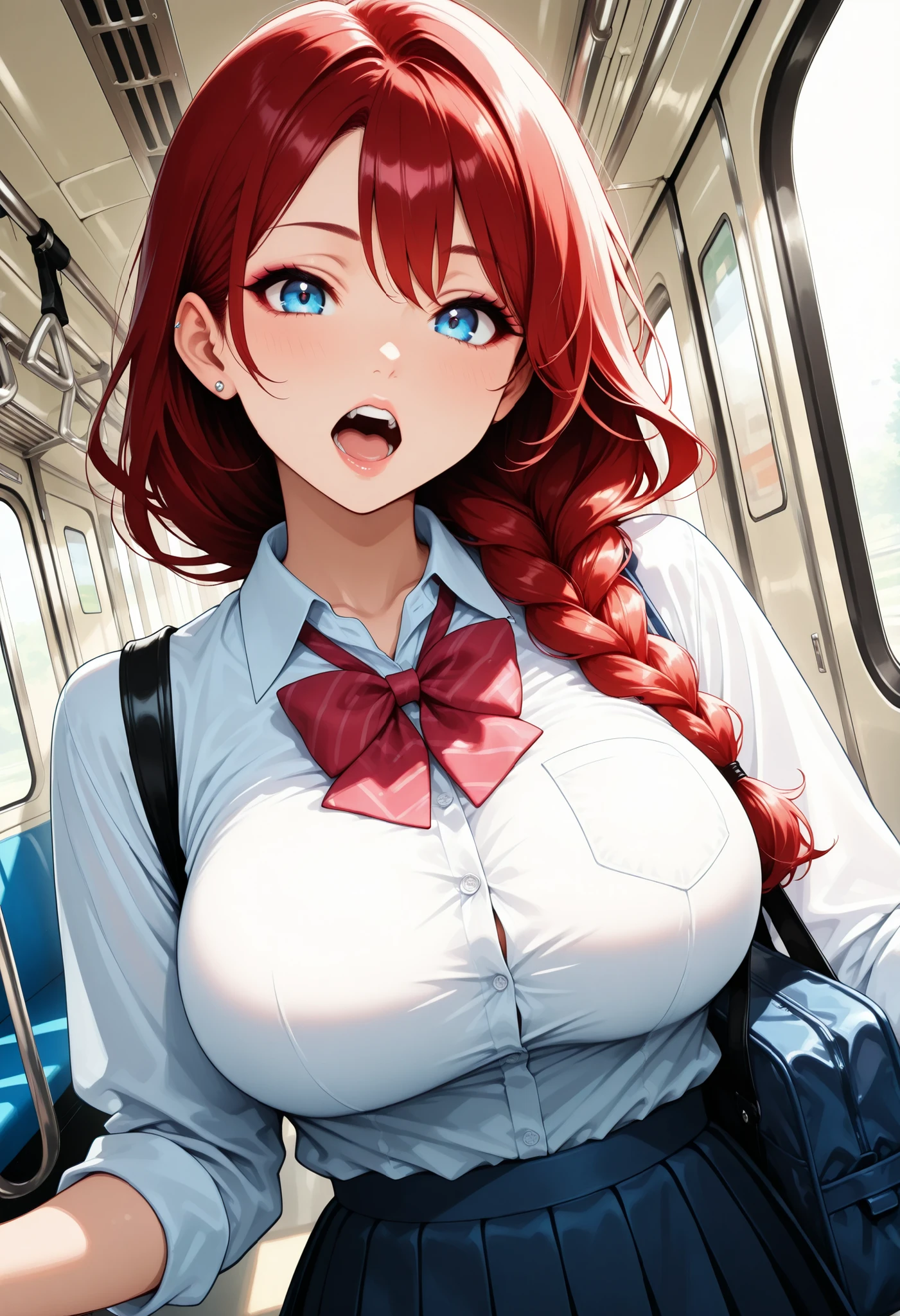 htm,1 woman, cool school girl:1.2, Dance Motion, school bag, Dutch Angle, Red hair, low braided long hair, Big breasts, (Laughter, open your mouth), perfect body, shirt, Bowtie, pleated skirt, Delicate decoration, piercings, Inside the Train, Idiot, warm light, brightly colored, Photogenic, super high resolution, (top quality, very detailed, CG illustration, SOFT FOCUS, masterpiece, Best Aesthetics),