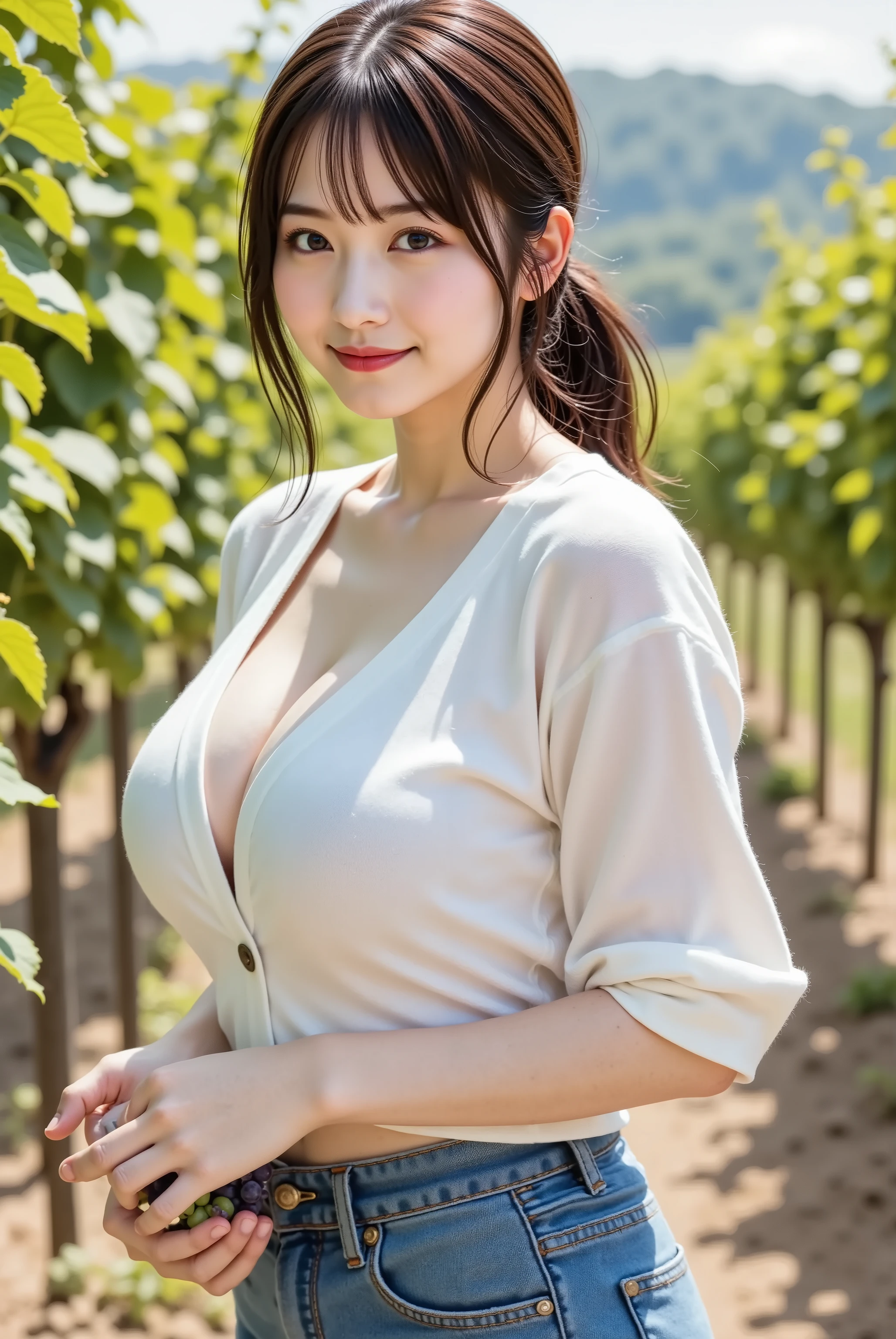 chihiro,professional photography, masterpiece, high resolution, an upper body portrait of a 20-year-old cheerful Japanese woman with a bright, sun-kissed smail, standing in a lush vineyard during harvest season. She has delicate Japanese facial features, a soft angular jawline, high cheekbones, a small refined nose, naturally arched eyebrows, and large, expressive eyes sparkling with joy. Her skin is porcelain-smooth with a healthy, natural glow, showing realistic texture, a few freckles across her nose, and rosy cheeks from the sun. Her curly, light brown hair is tied back loosely with a scarf, with playful curls escaping to frame her face. She wears a light cotton V-neck farm blouse, slightly unbuttoned and showing a hint of sweat from the day's work, which reveals her voluptuous, ample bust and a natural, deep cleavage, paired with practical denim shorts. In one hand, she holds a pair of shears, and with the other, she gently cups a heavy bunch of ripe, purple grapes. The composition is a professional lifestyle portrait, aspect ratio 2:3, following the rule of thirds. Shot on a Canon EOS R5 with an 85mm lens at f/3.5 for a bit more detail in the surrounding vines, ISO 200, and 1/250s shutter speed, creating a beautiful bokeh of the rows of grapevines stretching into the distance. The lighting is bright, late afternoon sunlight filtering through the vine leaves, creating a dappled light effect with warm highlights and soft, natural shadows. The color palette is warm and earthy, dominated by greens, purples, and browns. The level of detail is hyperrealistic, capturing the translucent quality of the grapes with their dusty bloom, the texture of the vine leaves, the weave of her cotton blouse, and authentic skin details. The mood is joyful, rustic, and an authentic moment of connection with the harvest.
