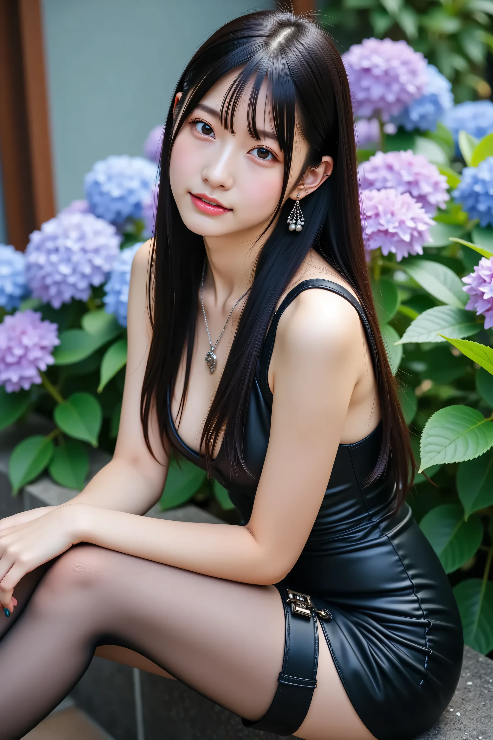 ,,,,,A mesmerizing ultra-high-resolution 8K portrait of an elegant 18-year-old Japanese woman with sleek, long black hair, embodying timeless beauty and sophistication. She wears a stunning designer dress with intricate textures, paired with delicate short stockings featuring garter details and fashionable thigh-high boots that enhance her high-fashion allure. The shot is a professional cowboy shot, framing her from the thighs up, with a graceful and captivating expression that exudes confidence. The background is a softly blurred hydrangea garden in the rainy season, with lush purple, blue, and pink blooms shimmering with raindrops, creating a romantic and ethereal setting. The image is a photorealistic masterpiece (1.4), with raw, unprocessed photo quality and a high-fashion studio aesthetic. The designer dress, garter accents, and boots (1.2) are rendered with impeccable detail, making this an 8K wallpaper-worthy composition of elegance and artistry.

