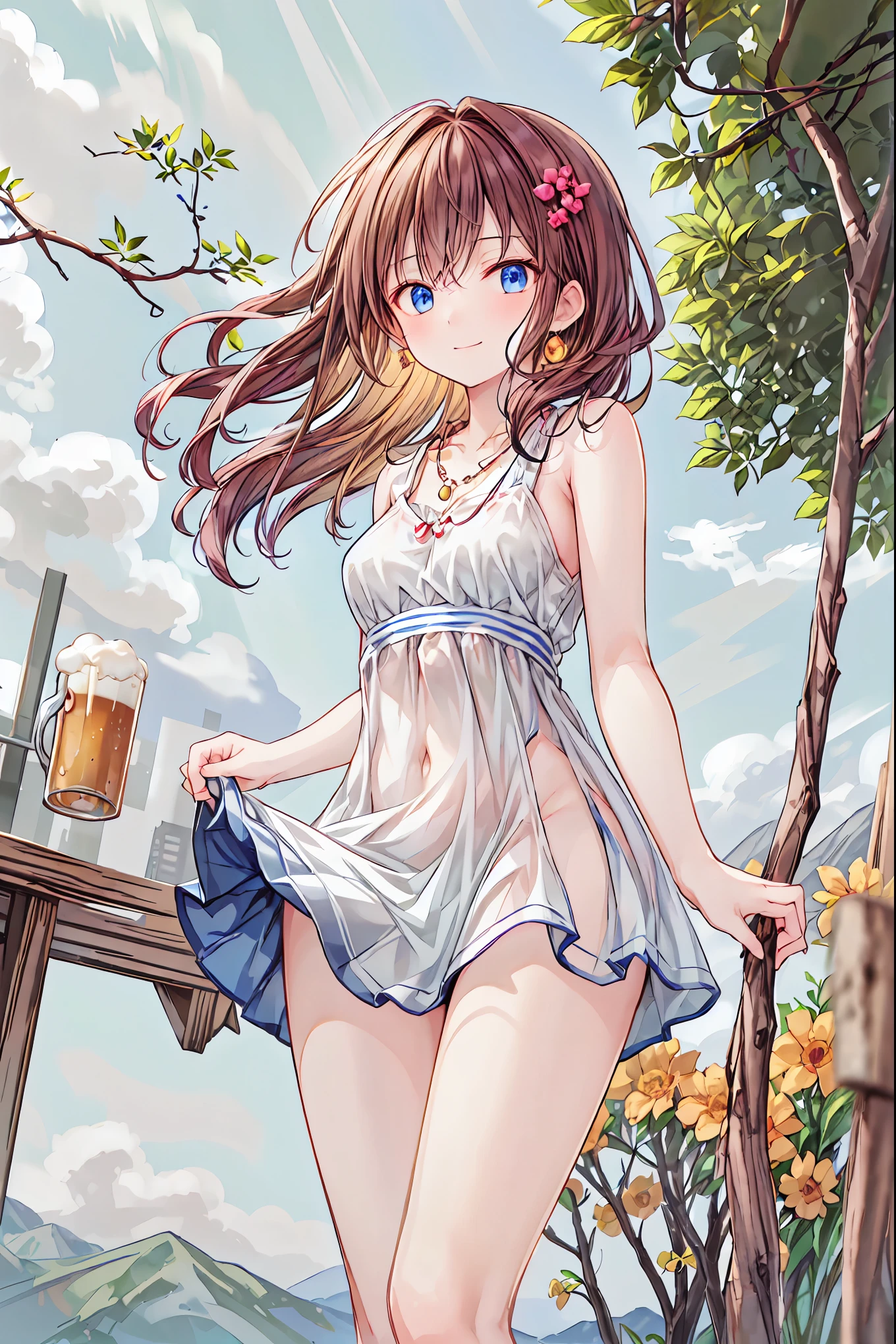 azur lane、Ayanami、、ponytail、table top、High resolution、big and full breasts、naughty body、See-through、throw、、whole body、Look up at me、Are crying、blush、The shape of a woman&#39;s private parts is clearly visible、I can see your nipples、white skirt、micro mini skirt、very short skirt、bare chest、show your chest、Upper grade、A lot of milk comes out from the nipples、Breast milk gushes from the nipple、very big breasts、show your chest、bare chest、straw hat、white dress、sandy beach、sunset、Madder sky、sunset beach、seaside、sandy beachで四つん這い、bangs that cover one eye、pink hairpin、white sandals、from below、Low - Angle