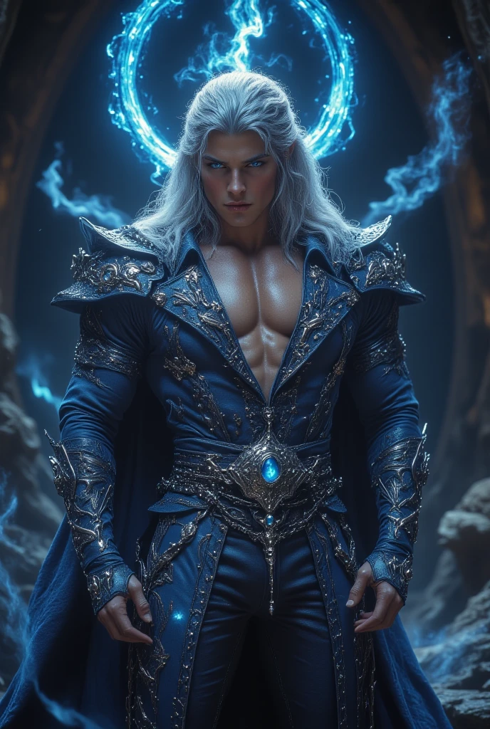 Appearance: Aelwin is tall and slender, with an imposing presence. His skin is pale as fresh snow, contrasting with his icy blue eyes that seem to penetrate the soul. His hair is long and silver, shining like ice in the sunlight. He wears a white cloak embroidered with silver thread and ice crystals, which seems to sparkle with every movement.
