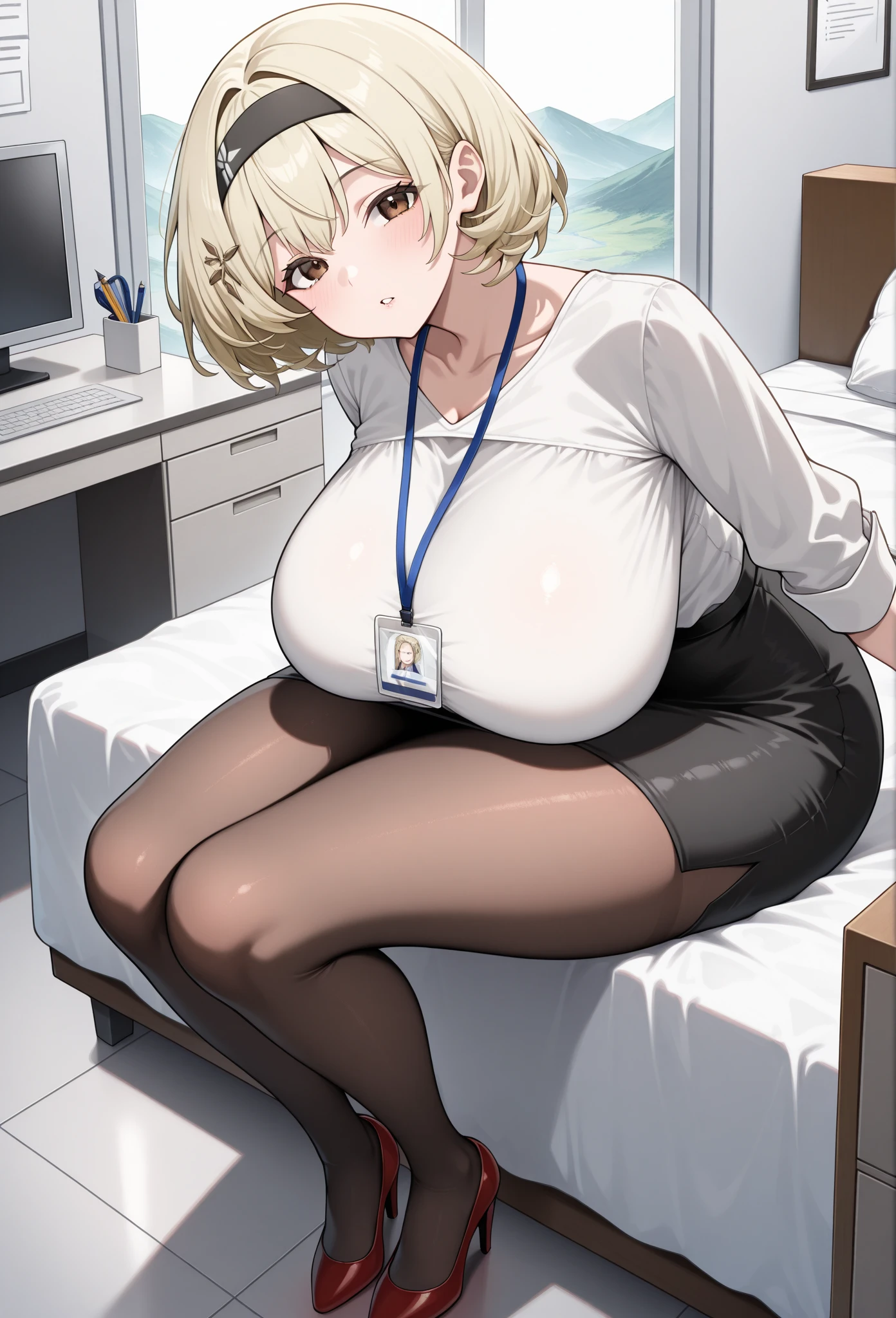 masterpiece, best quality, igawa, huge breasts, flipped hair, hair between eyes, blue eyes, blonde hair, white shirt, pencil skirt, black skirt, office lady, pantyhose, cowboy shot, looking at viewer, indoors, office,1boy, penis in vagina, missionary sex, lying, on back, spread legs, pov, leg grab, feet, pregnant