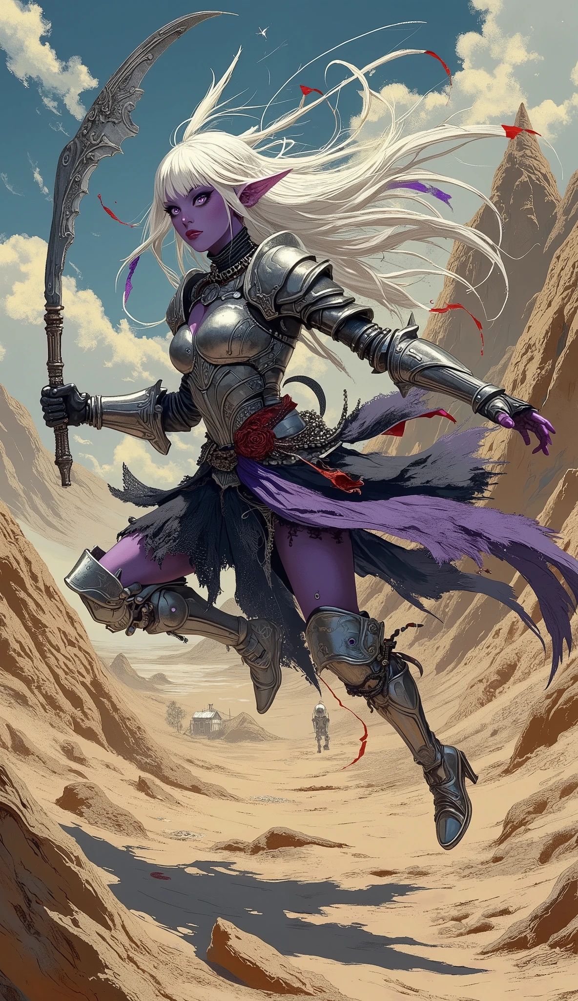 (A fusion of Ukiyo-e and dark fantasy. Aesthetic and gothic digital art. Illustrations are drawn from the perspective of looking up diagonally from the ground.) BREAK
(White hair. Blunt bangs. White eyebrows. Long white eyelashes. Almond-shaped eyes. Lavender eyes. Dark, thick eyeliner. Small pink lips. Slightly pointy ears. Dark purple skin. Thin limbs. Thin fingers. White fingernails. One thumb and four fingers accurately drawn.) BREAK
(The world is a dry, rocky expanse set in medieval Chile. The sun shines strong, the wind blows hot and strong, and red dust dances in the air. A female dark elf warrior roars and screams, turns her back, twists her body in a daring pose, and lands on the ground with both feet in a great leap. The female warrior's feet are covered in multiple cracks and gas blasts out of the ground, and the enemy skeletal warriors burst apart. The woman wears a jet-black beaded choker, silver armor with a dark crimson rose relief, and a sash made of a thin, sheer, shiny lace material from Brazil elegantly wrapped around her waist. He carries a large, double-edged, two-handed battle axe. She weaves scraps of beautiful colors into her hair.)