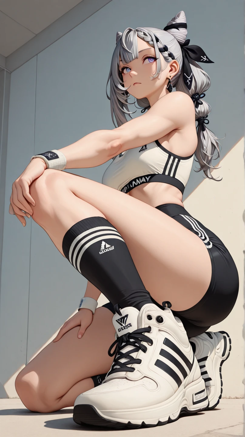 white girl silver hair red eyes tights sportswear embarrassing big