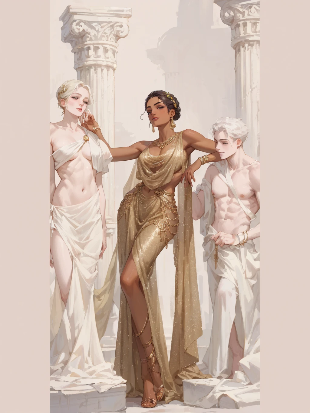 on the beach, 5 small full body, naked, naked woman lie on ground,  small man riding white horse white looking back, white feather cloak, shield, bow, sword, female greek god, white hair, masculine, mature, naked, hairy torso, fantasy, intricate, elegant, highly detailed, digital painting, artstation, concept art, smooth, sharp focus, illustration, art by gaston bussiere and alphonse mucha, almost naked