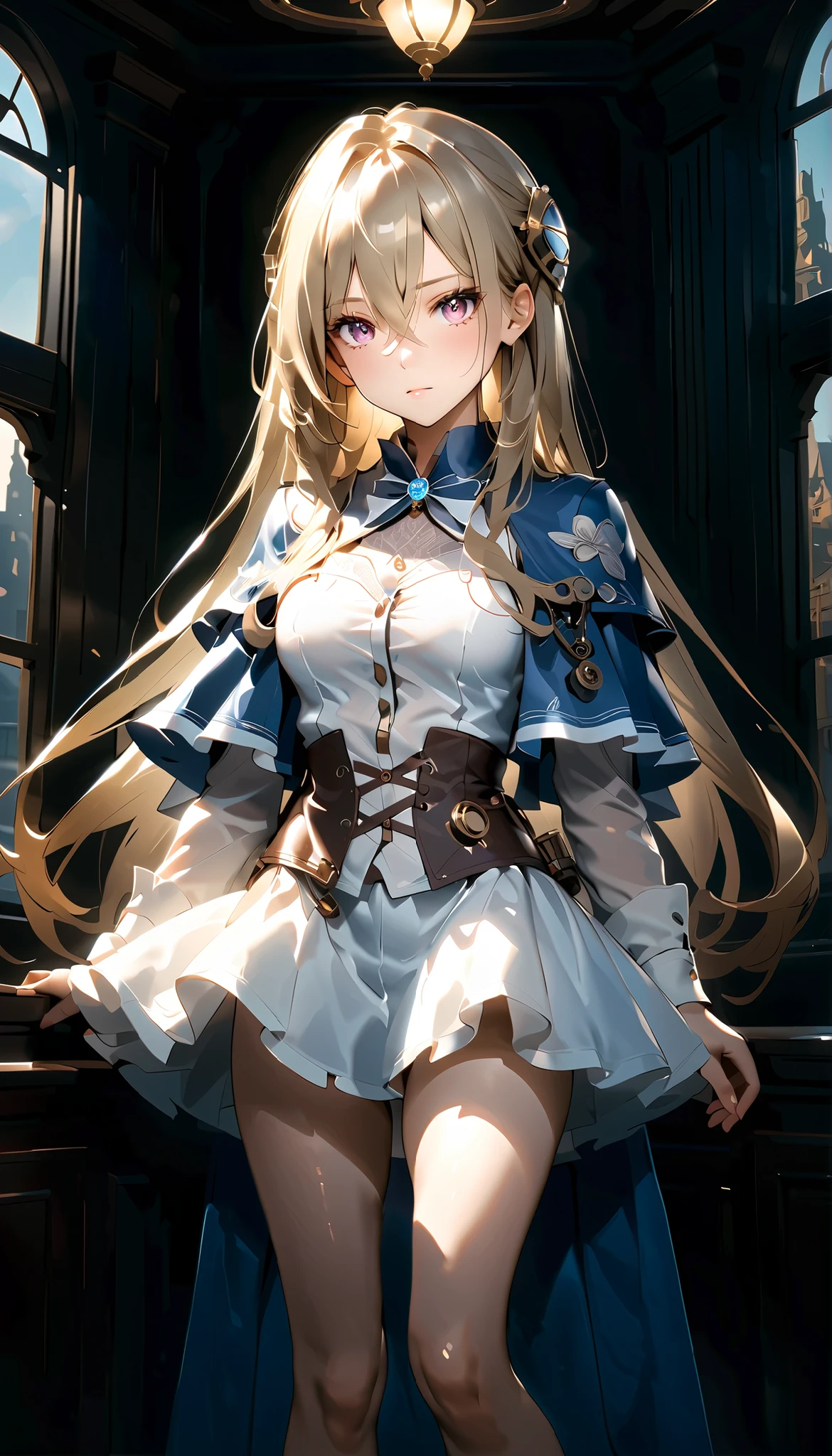 ( masterpiece, High Definition, high resolution ) full body, perfect lighting , bright eyes and delicate and beautiful face , Ultra Details, Beautiful Chest and Waist , Beautiful Legs and Thin Sculptural Body, long hair、purple eyes、hair between eyes、bungs、hair ornament、Blonde Hair、非常にlong hair、floating hair、brown hair,diamond-shaped blue capelet,sensual expression, very detailed face , ((( perfect lighting , delicate interior design))), (((steampunk at a party))) , ((( short length white top :1.2))), medium chest, black and blue leather , Ultra Fine, Ultra sharp, 8k, ( Contraction:1.5), full body photograph, 20 million pixels , Canon EOS R3, detailed depiction of skin, My skin is white
