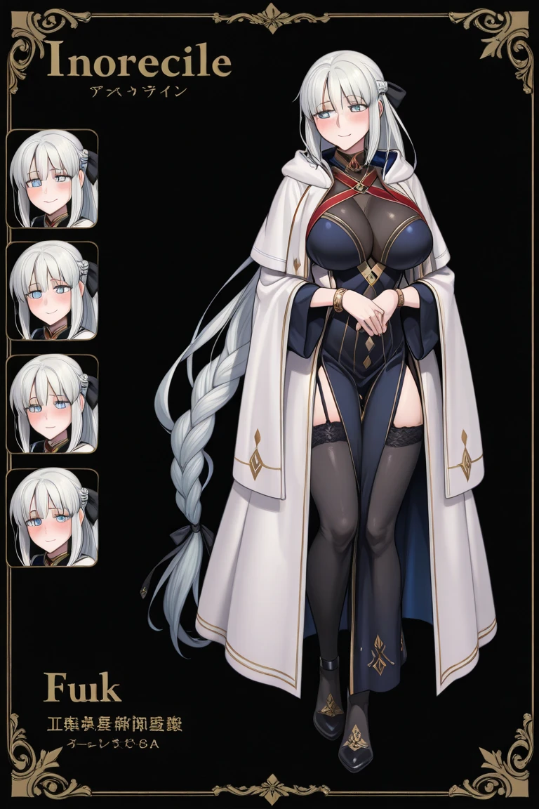 closeup of a woman, tight pants, white colored hair, hairlong, pony tail, hair ornament, gray eyes, white  shirt, corset, metal cuffs, black gloves, cloak, high boots, Metal greaves, Waist sheath, medieval theme, looking a viewer, Fantasy art, Beautiful painting of characters, Works of art in the style of Guwayca, epic exquisite character art, stunning character art, Beautiful Killer Woman (reference sheet:1.5)