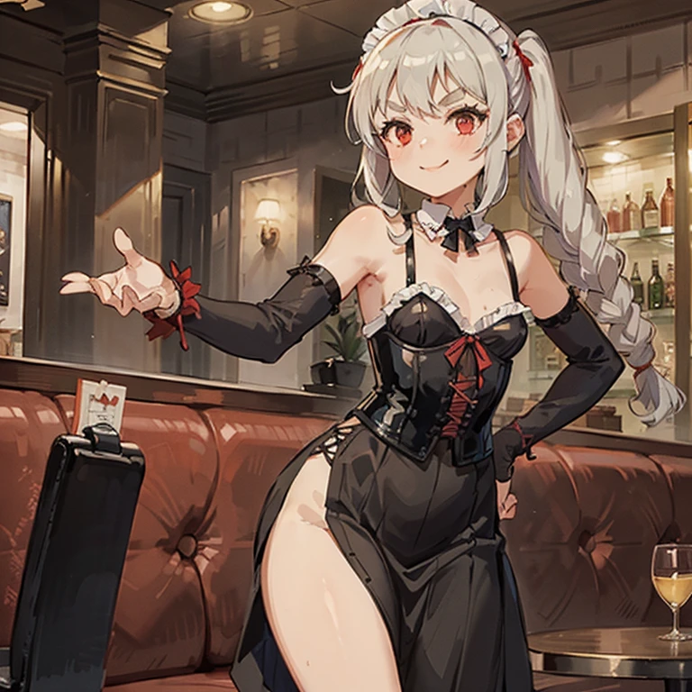 (alexia midgar), (faithfully), One gir, red eyes, long hair, very long hair, Silver hair,hair ribbon, sidelocks, (medium breastst), (black playboy bunny), (black fake rabbit ears), (black pantyhose), (black high-heels), standing, cowboy shot, spread legs, looking at viewer, indoor, bar