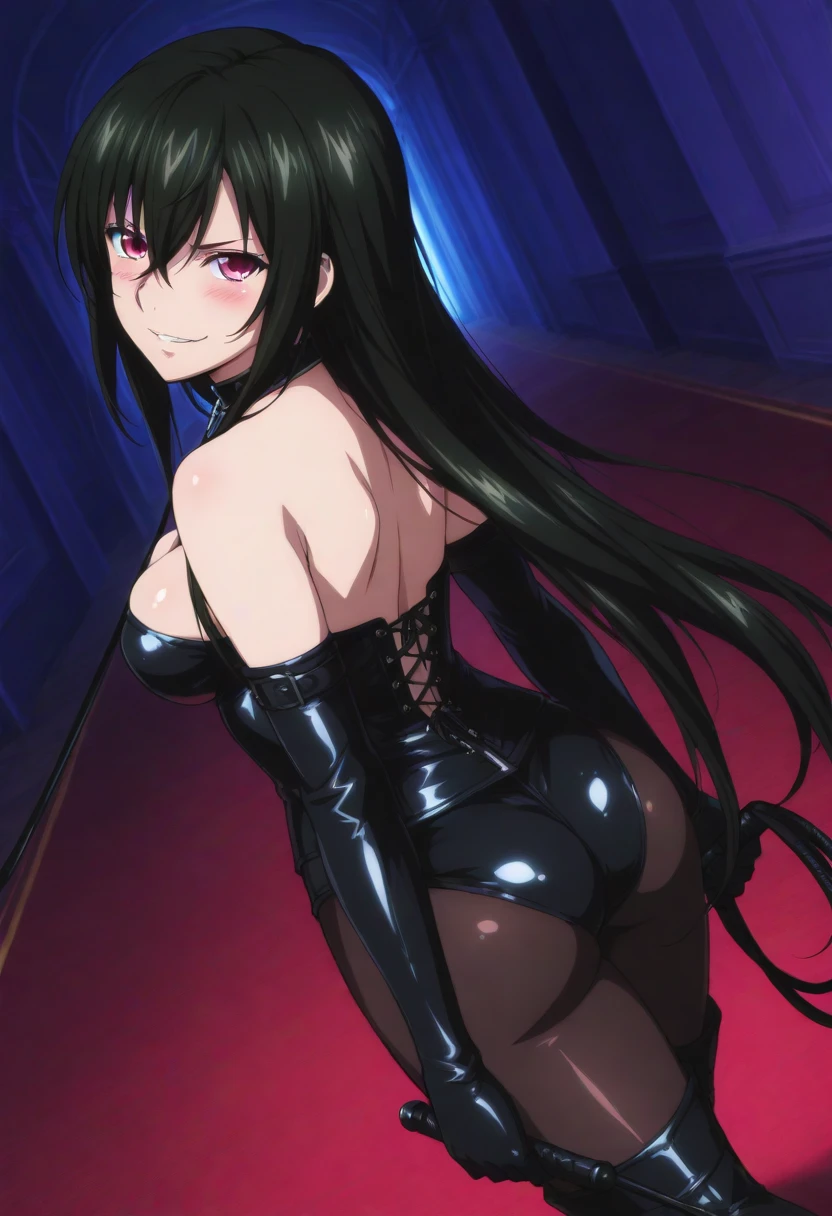 beautiful, masterpiece, ultra detailed, extremely detailed, ultra high res, 8k, beautiful detailed face, anime screencap, heart shaped face woman, (black hair:1.2), long hair, hair between eyes, large breasts, fearless face, sharp face, slant eyes, cat eyes, 170cm tall, adult, perfect proportion, (((black high-leg leotard))), (((dare shoulder))), cleavage, (((thigh boots))), choker, (((military cap))), anime style, extremely ultra detailed beautiful face and eyes, front view, raw phot, incredibly absurdres, Beautiful portrait of cute anime girls, super fine illustration, full-hd, hdr, best aesthetic, distinct, exquisite, masterwork, by famous artist, highers, (((perfect anatomy))), mocking, (((rape face))), (((evil grin))), intense eyes, sadistic, gleaming skin, oil skin, slut face, full-face blush, smirking, mischievous grin, furrowed mouth, both legs, pouty lips, downturned corners, rosy hue, grin widely, cheeky smirk, (((bad-tempered glare))), gloating, crazy smile, scary face, cruel smile, fang, connected teeth,, (((elbow gloves))), (((big connected teeth)), glare, grimace, smirk, (((scowling face))), smile broadly, symmetrical eyes, even eyes, perfect eyes, (((squinting eyes))), deep detailed eyes, shiny clothes, 1girl, solo, smug, smile grimly, (((dimpled smile))), pink eyes, (((upper body shot and standing))), (((laugh))), (((pleasure face))), (((brutality face))), (((scary face))), (((fang))), super detailed skin, official art, production art, top quality, high quality, amazing quality, finely quality, fantastic, professional quality, perfect hands, perfect arms, both arms, two arms, both hands, two hands, cleavage cutout, bare collarbone,