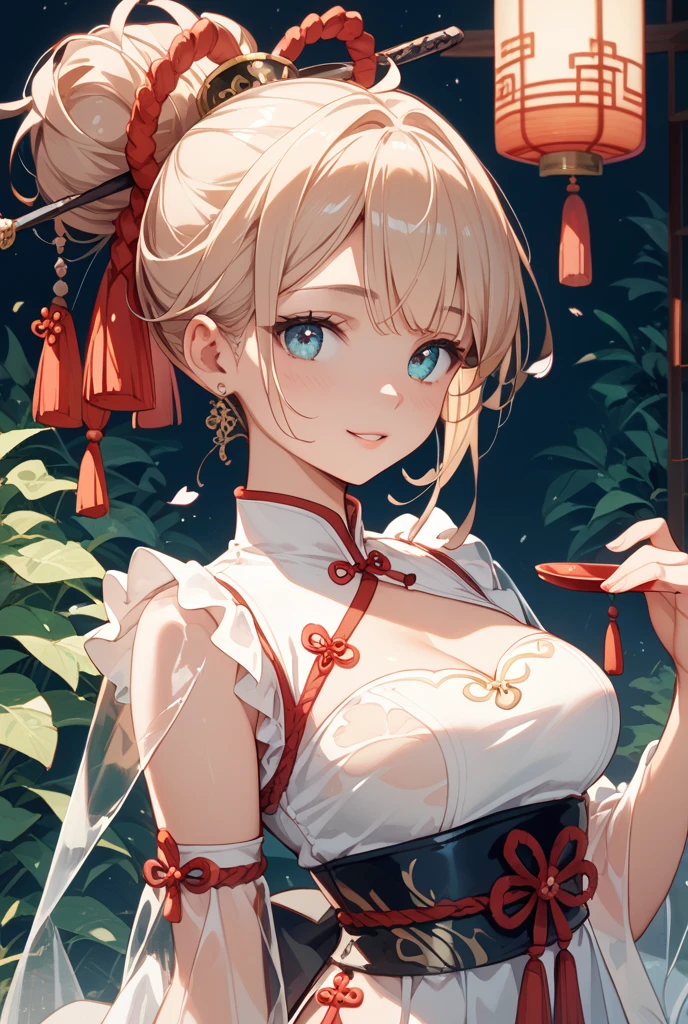 score_9,score_8,score_7,score_8_up,score_7_up a very cute cartoon of a girl with large breasts and horns and hair, 1girl, breasts, horns, solo, long hair, blue eyes, looking at viewer, blush, blurry, hair between eyes, bangs