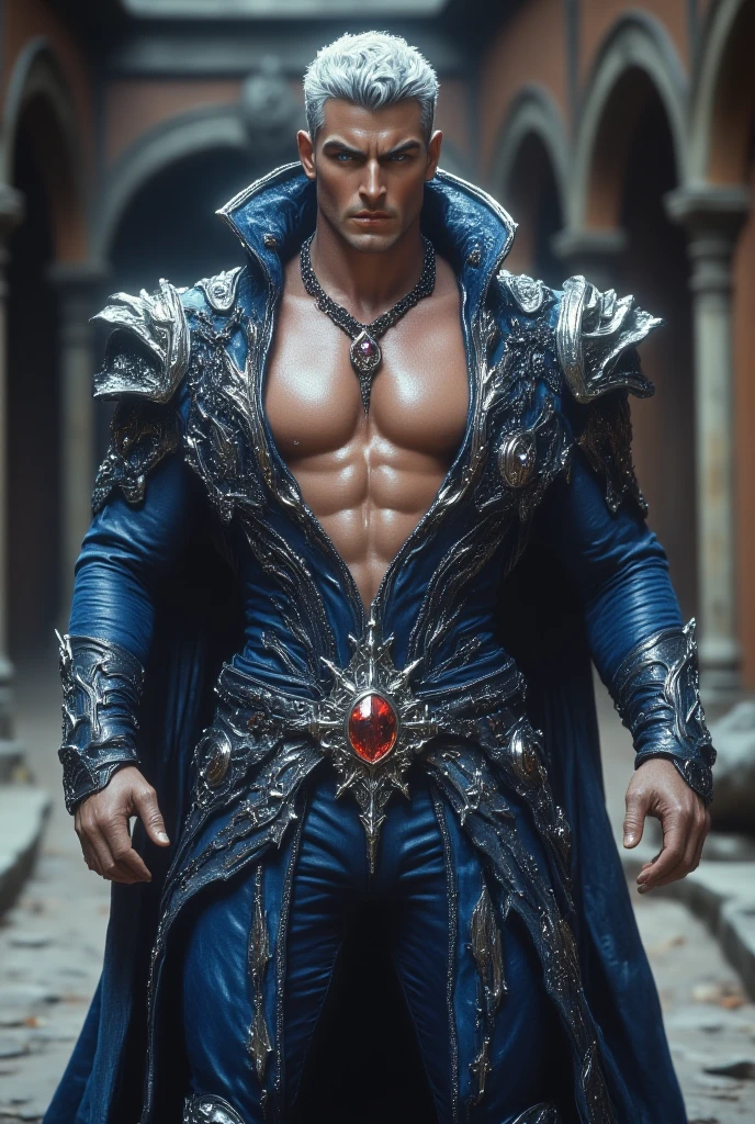 A man wearing an elegant black costume with silver accents. He wears a long, flowing cape that seems to be made of the shadows of the night. His mask covers the upper part of his face, leaving his firm jaw exposed, and he carries a gleaming sword