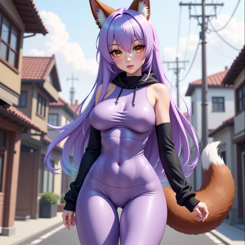 one women, wolf girl, wolf ears, wolf tail, Purple hair, strong, fixed object, Thick thighs, Big breasts, Muscular arms, Casual clothing, sfw, sexual, Full body, Masterpiece, Very detailed, shiny clothes, rubber, Tall women,