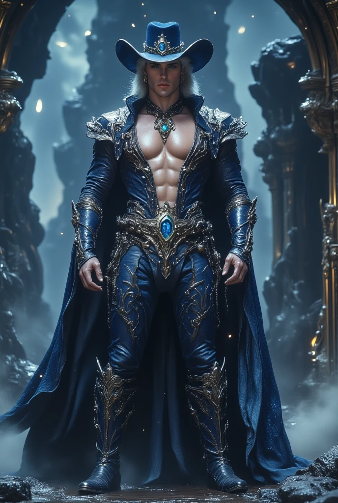 Eldran is a striking figure, standing at 6'3" with a muscular yet agile build, a testament to his rigorous training and divine blessing. His hair is a dark brown, kept short and practical for battle, while his eyes are a piercing blue, often said to reflect the clarity and depth of his faith. His skin is weathered, bearing the marks and scars of countless battles against the undead and other dark creatures., He wears a distinctive set of armor, gleaming with a holy aura. The armor is intricately designed with symbols of Arkay, featuring silver and gold accents that catch the light, giving him an almost ethereal appearance. A long, flowing blue cape, trimmed with gold, drapes from his shoulders, bearing the emblem of Arkay on its back., UHD, 16k, masterpiece, best quality, high quality, super detail, textured skin, highres, anatomically correct, high quality, HD, 4K, 8k, 16k, masterpiece, high details