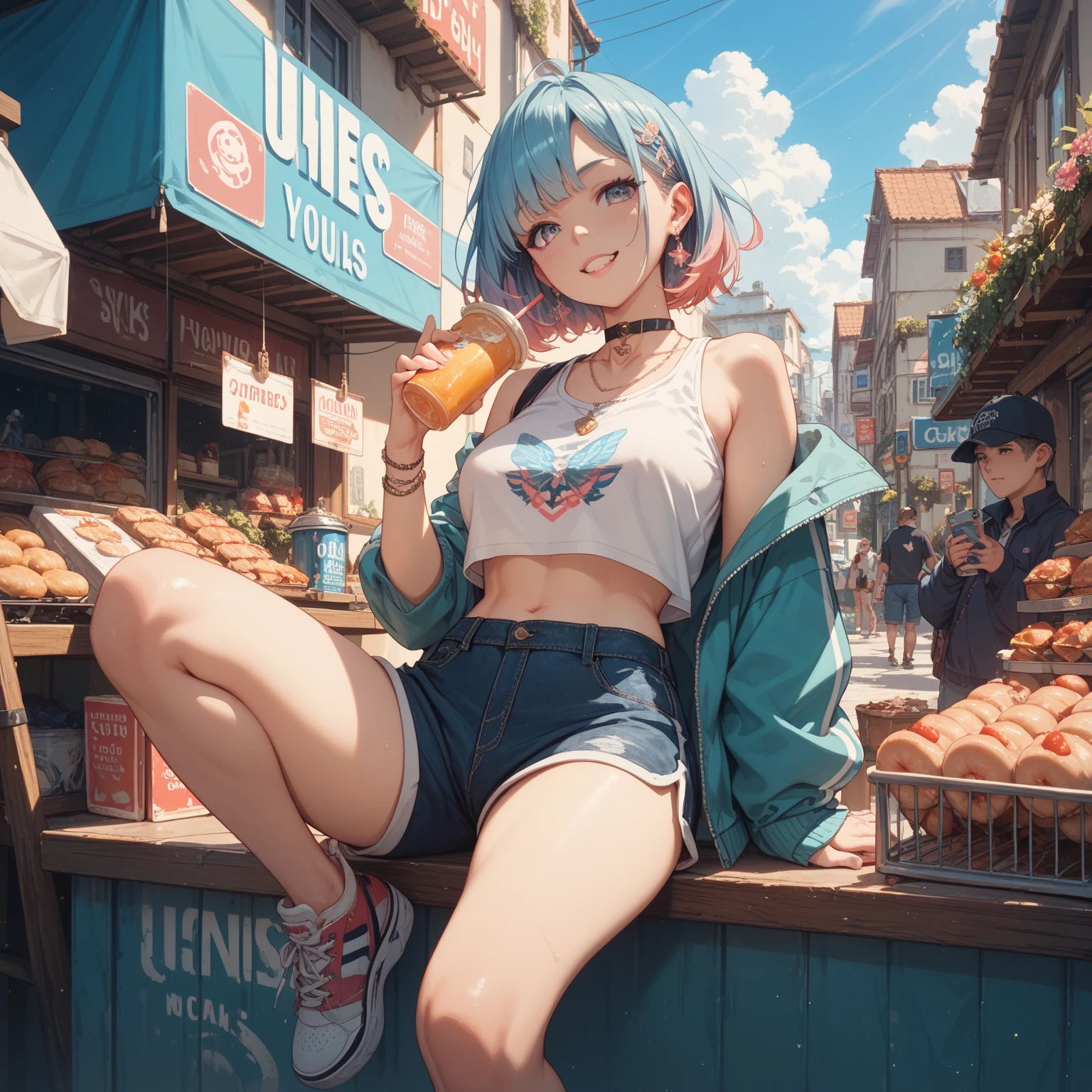 nsfw, masterpiece, 1 girl, erect nipples, intricately detailed, topless, navel, denim hotpants, bare shoulders, necklace, mcdonalds, interior, dj, headset, baseball cap, citypop, erect nipples, puffy nipples, extremely detailed, photorealistic, octane render, 8 k, unreal engine, bare breasts, nipples, bare stomach, sweaty, people on background, moist breath, small breasts, flat chests, child, smiling, leaning forward, collarbone, wet body, saliva, drooling, pink hair, ray of lights, encore, nipple-piercing, fastfood counter, nipple chain, long tongue