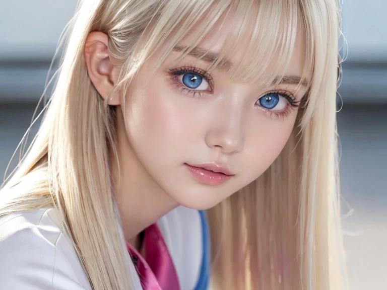 Potrat、Uniforms、bright expression、ponytail、Young and shiny fair skin、ultimate beautiful girl、The most beautiful、Blonde hair reflects light、Blonde hair with dazzling highlights、shiny light hair,、Extra long silky straight hair、Beautiful shiny bangs、Glowing, crystal clear and charming big blue eyes、Very beautiful and cute girl、plump bust