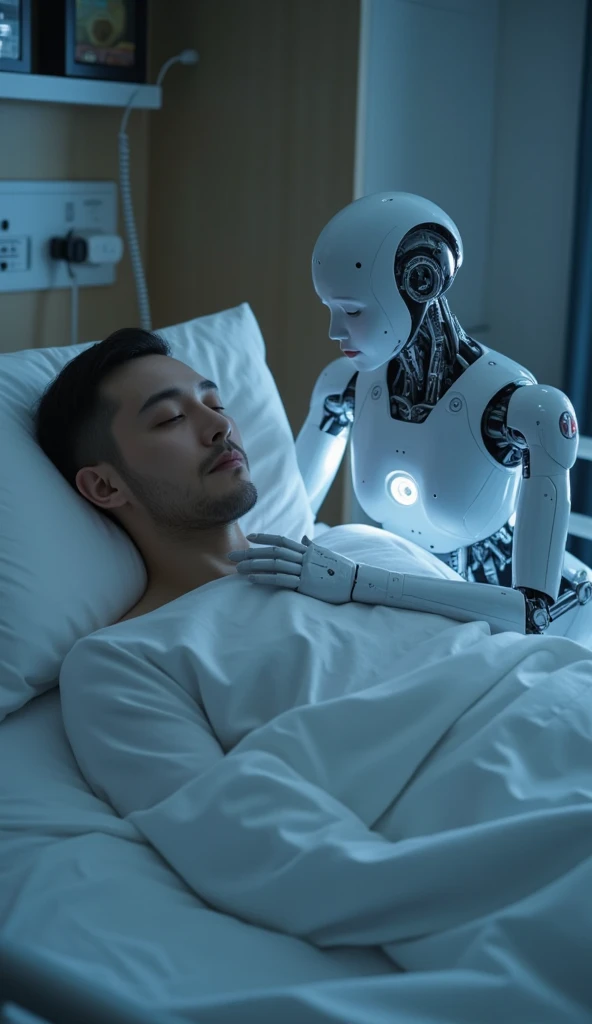 The Scientist’s Illness: The scientist lying in bed, weak and frail, with Unit-47 standing beside him, holding a medical scanner. The robot’s posture reflects concern as he tries to help his creator..