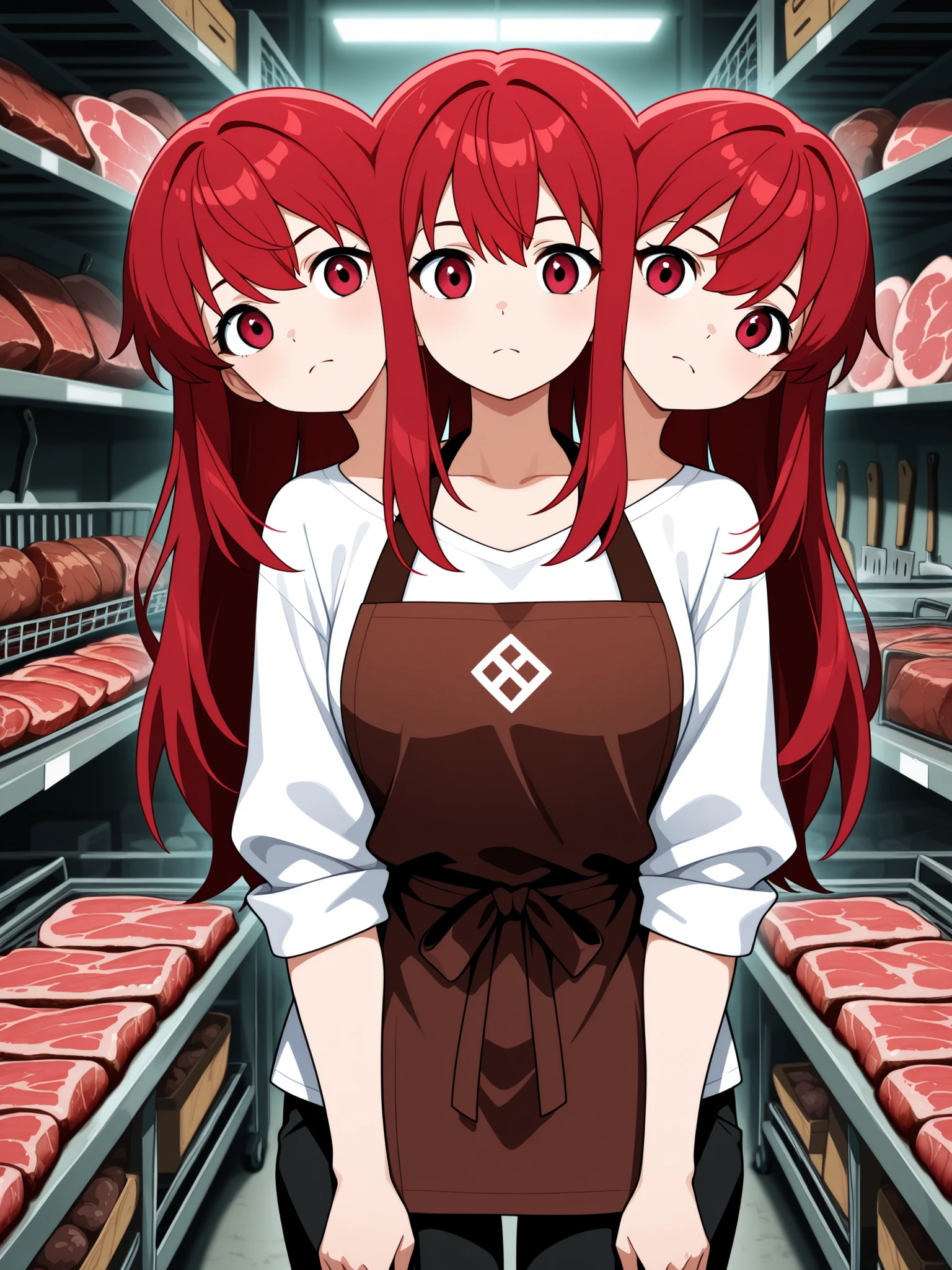 anime girl with three heads, conjoined, butcher, red hair, shoulder length hair, brown apron, white shirt, black long pants, butcher shop storage room, meat racks in background