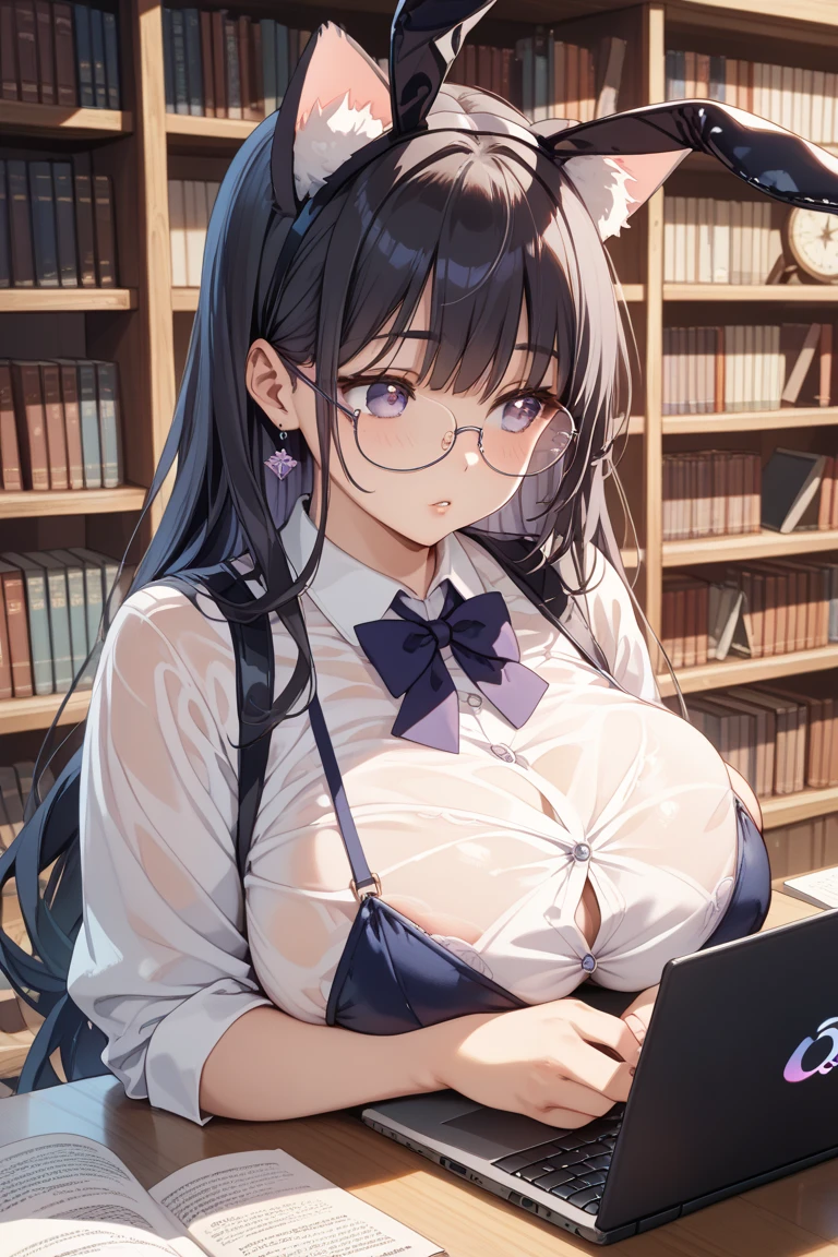 (highest quality, High resolution, perfect pixel, Depth of bounds written, 4K),
beautiful anime girl,
looking at the viewer,
perfect body,
(blush all over the face), serious,
Braid, black glasses, black hair, blue eyes, (huge breasts:1.2),
white shirt, blue ribbon, short sleeve,
Library, Beige curtains, Wind,
focus breasts, from below,