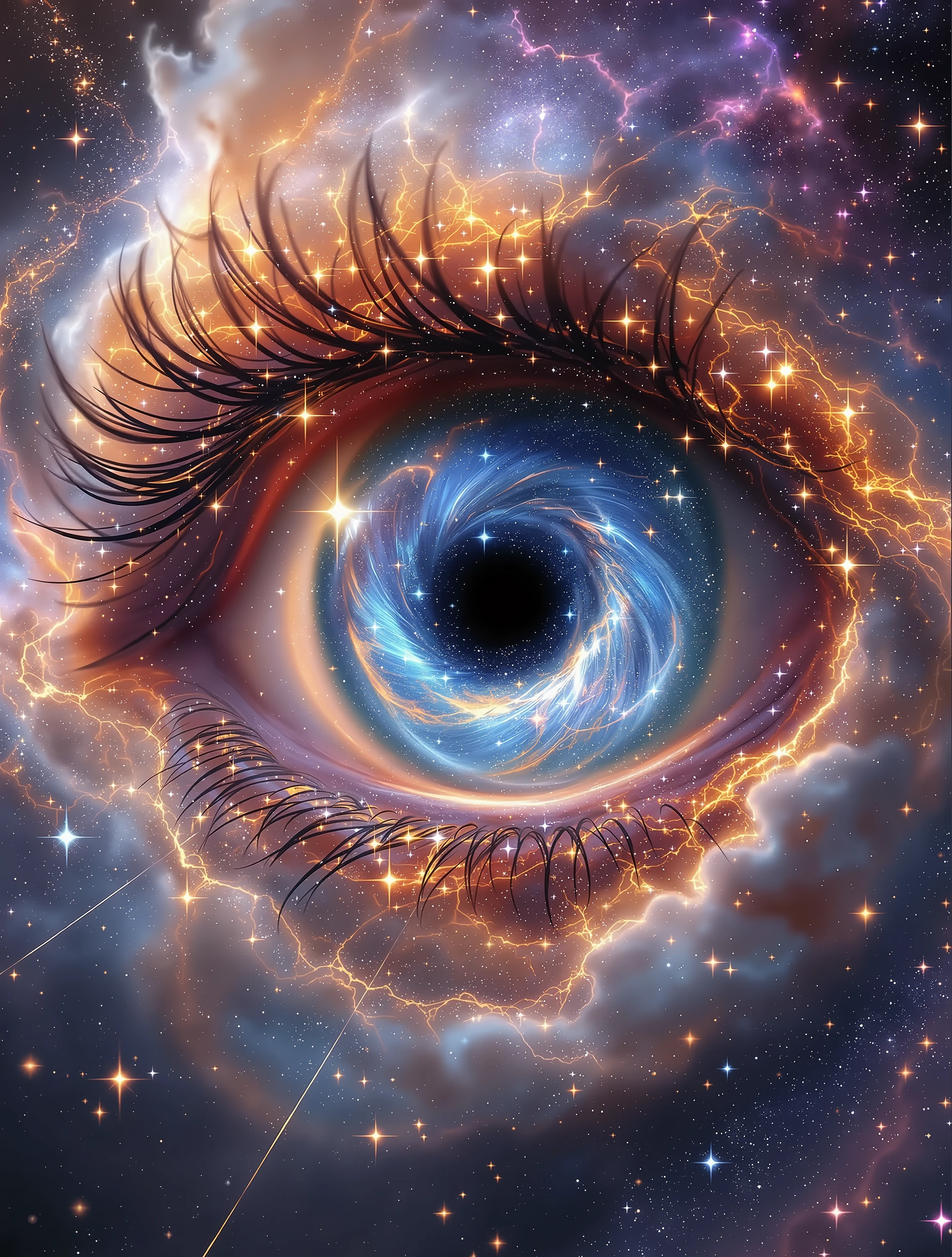 A breathtaking, **cosmic eye** composed entirely of **swirling nebulae and celestial dust**, suspended in the **vast expanse of deep space**. The **iris is a vibrant vortex** of **interstellar gas and luminous cosmic clouds**, shifting in **mesmerizing hues** of **deep blues, fiery reds, ethereal purples, and glowing golds**. The **intricate, swirling patterns resemble a galactic storm**, forming a **hypnotic, ever-shifting celestial structure**. At its center, the **pupil is a dark void**, absorbing light like the **event horizon of a black hole**, radiating an **eerie gravitational pull** that distorts the surrounding light.