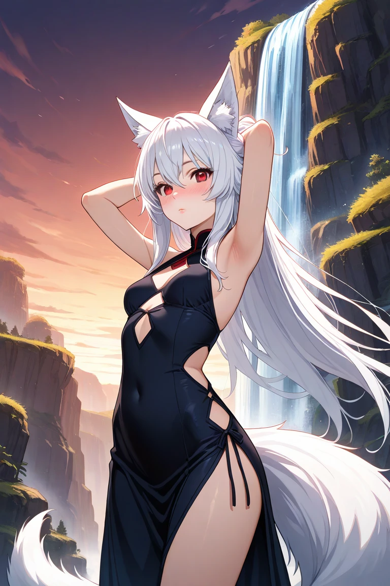 one woman, fox ears, fox tail, silver hair, green eyes, big breasts, leather, see-through, pantyhose, leather dress, bodysuit, mature lady, tall person, wide hips, big ass, sexy, mature, anime