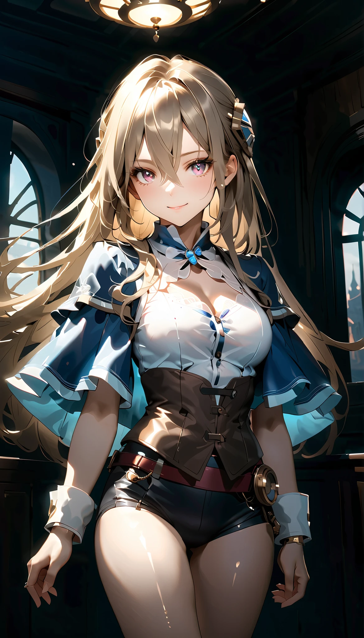( masterpiece, High Definition, high resolution ) full body, perfect lighting , bright eyes and delicate and beautiful face , Ultra Details, Beautiful Chest and Waist , Beautiful Legs and Thin Sculptural Body, long hair、purple eyes、hair between eyes、bungs、hair ornament、Blonde Hair、非常にlong hair、floating hair、brown hair,diamond-shaped blue capelet,sensual expression, very detailed face , ((( perfect lighting , delicate interior design))), (((steampunk at a party))) , ((( short length white top :1.2))), (((Party Venue))),((smile)),medium chest, black and blue leather , Ultra Fine, Ultra sharp, 8k, ( Contraction:1.5), full body photograph, 20 million pixels , Canon EOS R3, detailed depiction of skin, My skin is white