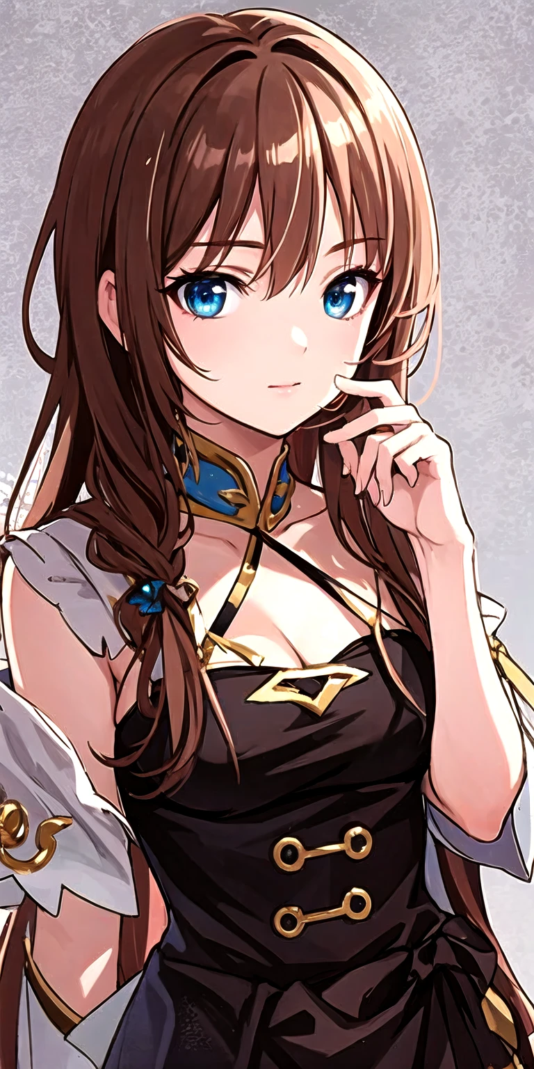 (score_8, score_8_up,masterpiece,highest quality,Perfect Anatomy,Exquisite detailed,realistic)(hyper realistic:1.2)sbyrn, long hair, brown hair, bangs, green eyes, medium breasts,blush,front view