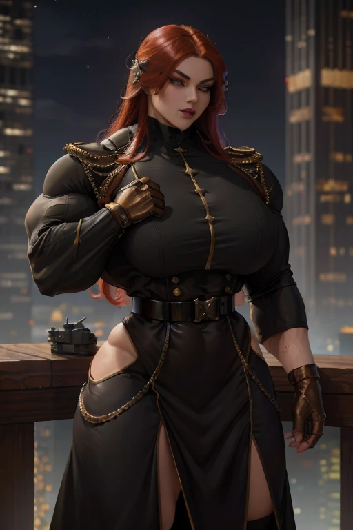 ((Close-up)), tall, (red hair) beautiful muscular asian woman, long hair, pale white skinned, closed smile, large breast, (black lipstick), (massive muscles), (hyper muscle), (ginormous bulky muscles), yellow eyes, (((red tweed suit with pants))), ((double breasted jacket)), red bracelets, choker, high heels, on the rooftop at night,