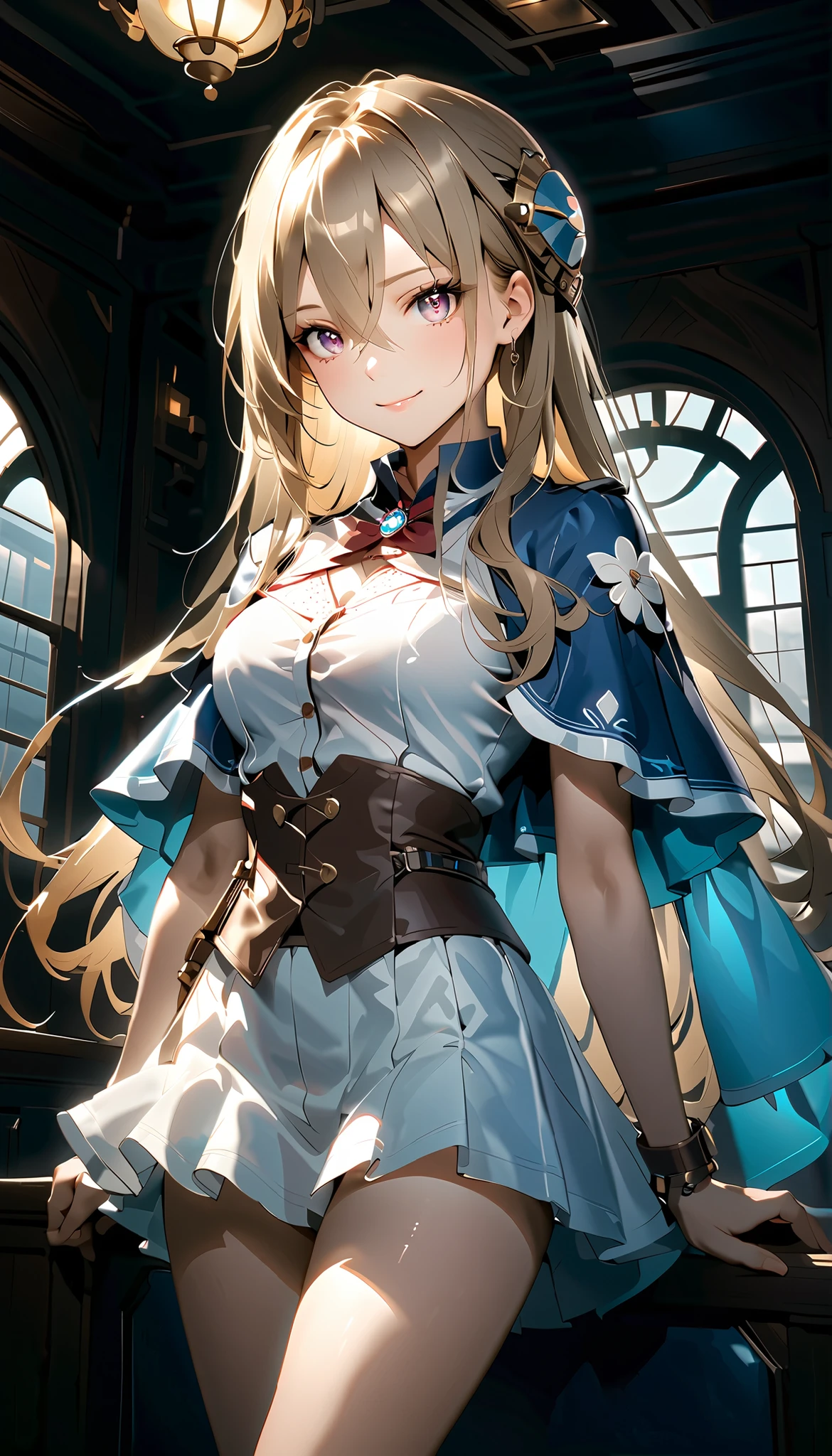 ( masterpiece, High Definition, high resolution ) full body, perfect lighting , bright eyes and delicate and beautiful face , Ultra Details, Beautiful Chest and Waist , Beautiful Legs and Thin Sculptural Body, long hair、purple eyes、hair between eyes、bungs、hair ornament、Blonde Hair、非常にlong hair、floating hair、brown hair,diamond-shaped blue capelet,sensual expression, very detailed face , ((( perfect lighting , delicate interior design))), (((steampunk at a party))) , ((( short length white top :1.2))), (((Party Venue))),((smile)),medium chest, black and blue leather , Ultra Fine, Ultra sharp, 8k, ( Contraction:1.5), full body photograph, 20 million pixels , Canon EOS R3, detailed depiction of skin, My skin is white