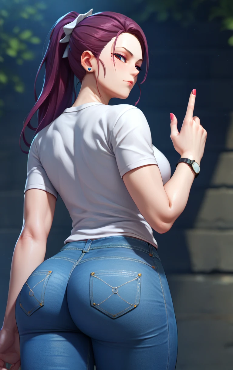 raven (dc), masterpiece, best quality, toned, grey skin, purple hair, ((masterpiece, best quality)), (1girl), solo, (ButtLift), (ass support), from behind, back , looking at viewer, cowboy shot, denim shorts, t-shirt, looking back, sunset, shadow,