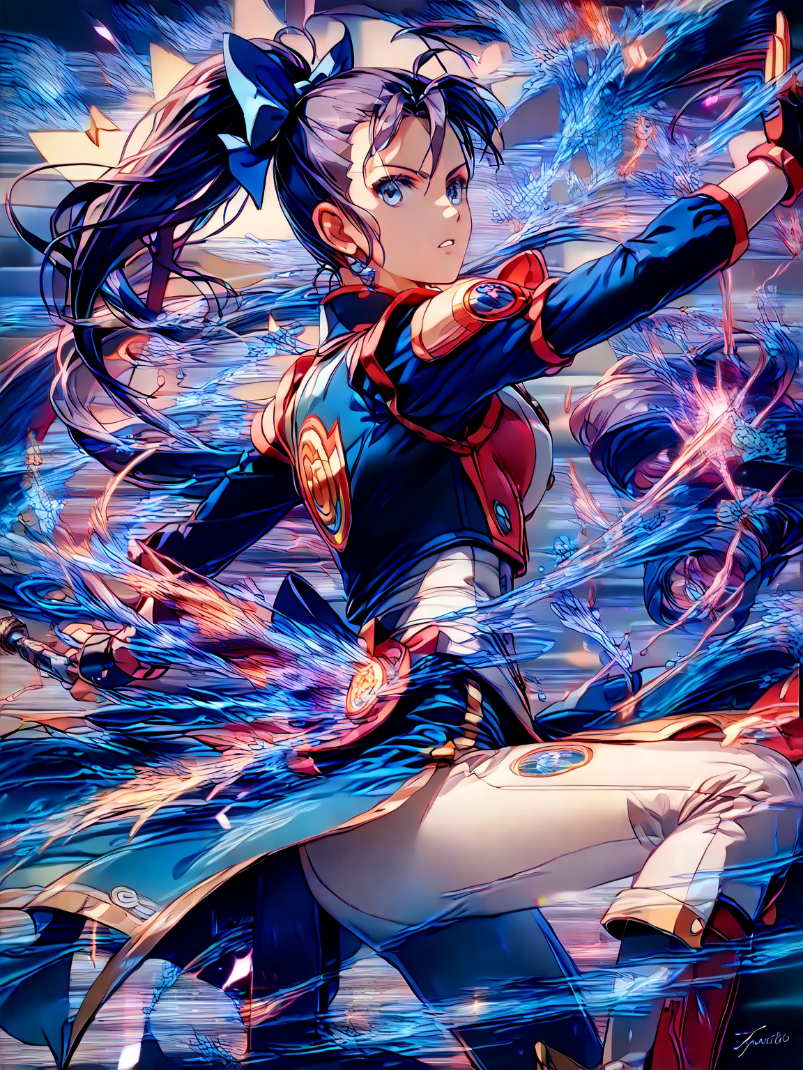 (1 mature Chinese martial artist,Full Body Tights,Age 35), ((Pub,guild)),(smile),Dynamic pose,Dynamic Angle,Pose for a photo,From below,Elderly woman、Trading Card Game Frames、Highest Rare、Five Fingers、Signature mark、Recovery Officer、Big Butt、Blue Hair、Gauntlet Fighting Pose