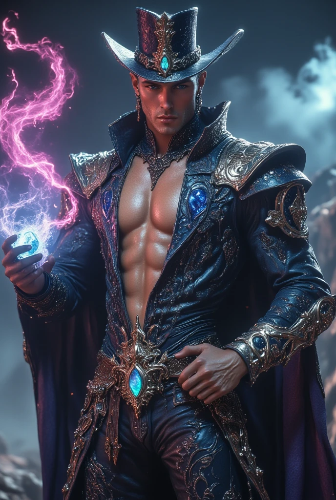 Illustration a a very handsome and sexy man, he is a wizard, he has deep blue eyes, nice abs, he wears an opened dark blue cloak with a large hood over his shirtless chest, magic swirls, white fog
