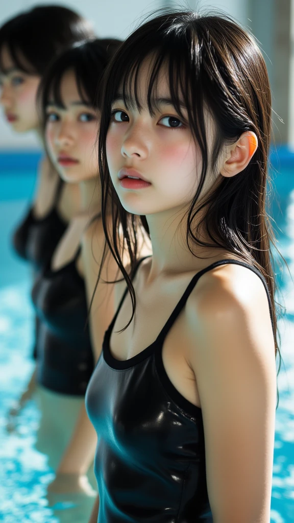8K Resolution, Ultra Realistic, Ultra Detail, High Quality, (2girls: 1.1), sitting at seat, on the train, school uniform, a school bag, shirt, 1girl looking over her shoulder, 1 girl, beautiful Japan woman, thin wess, (sticking out buttocks: 1.2), fine face, short hair, (gigantic breasts, cleavage:1.2), (swimming race suit :1.3), (cameltoe), cute, kawaii, wet, backshot, 1girl looking over her shoulder, Gravure Idol, Korean Idol, Nogizaka Idol, (from below:1.2), from behind