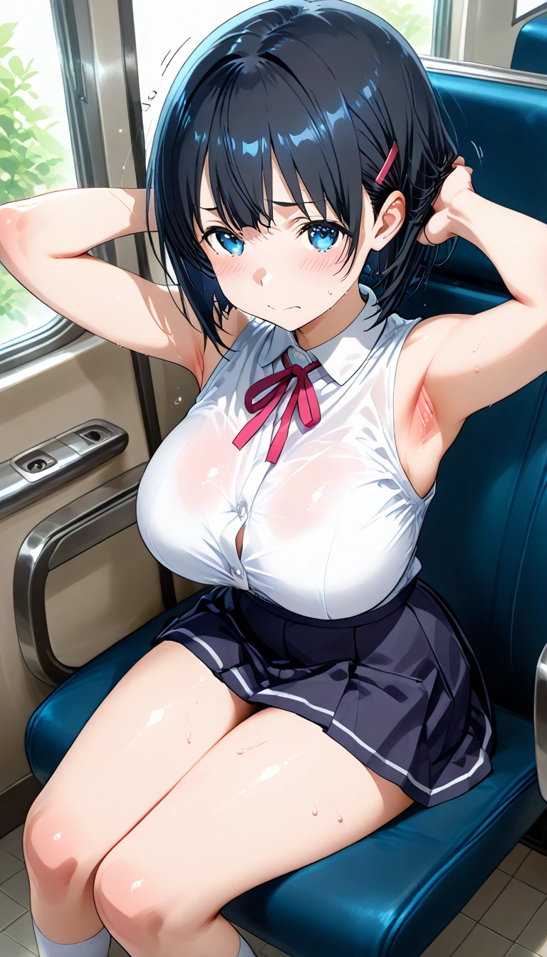 professional women photography, pieces fly, big, 1 female、Mr.. bureau、shiny skin, make out, From above, (sweat bangle: 1.3), Tight Skirt, suit、mini skirt、Lace panties、lace bra、black hair straight、light blue shirt, Unbuttoning a shirt、pumps、realistic, lips, light blue eyes, tie, dark blue pleated skirt, landscape, brown shoes, highest quality, Super detailed, office angle from below, Glossy skin, shiny skin,mature beautiful face, fascinating look, 